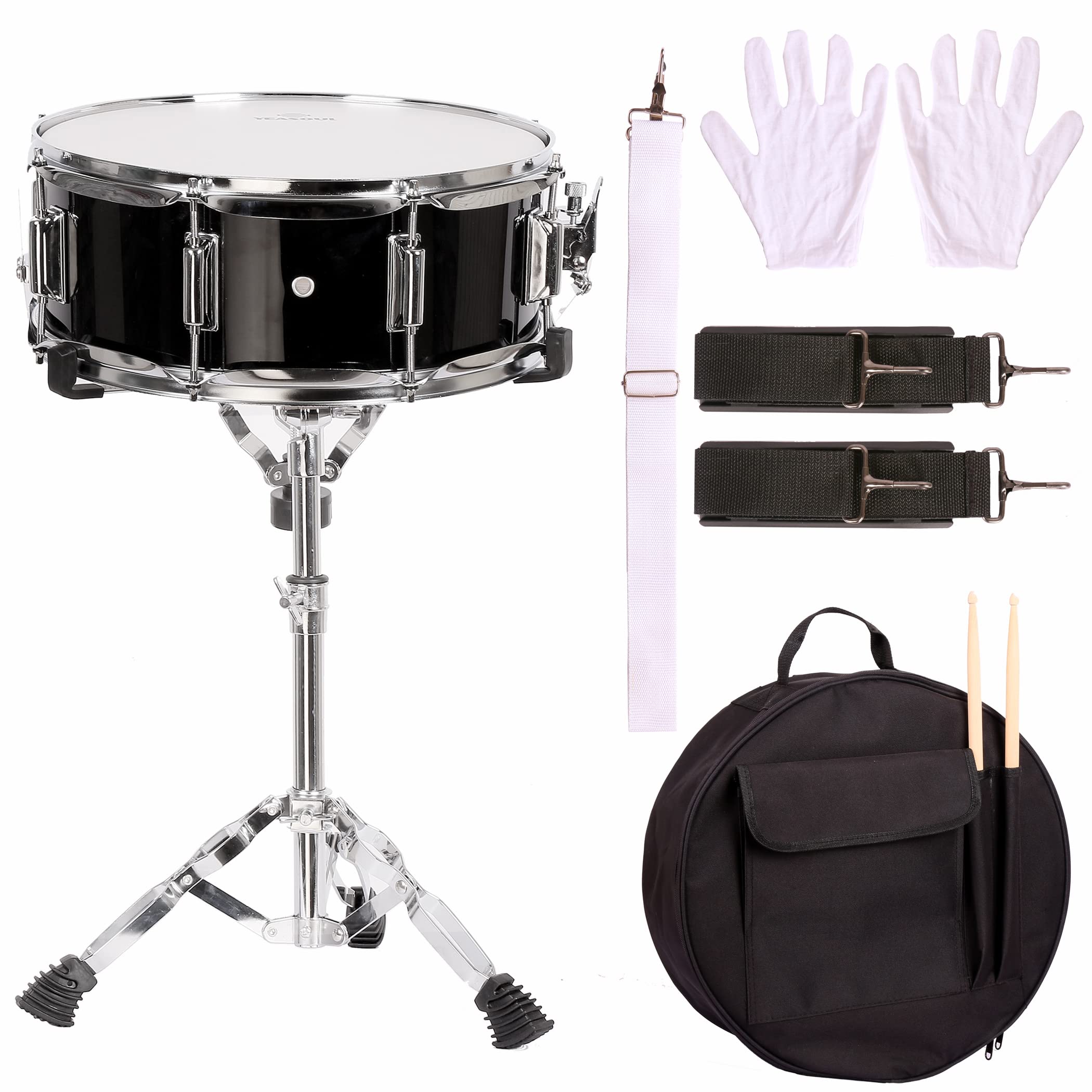 14 Inch Snare Drum Set for Kids & Beginners - Complete Practice Kit with Stand, Padded Gig Bag, Practice Pad, Neck Strap, Gloves & Drumsticks (Black) - Perfect for Home Practice, School Band & Music Lessons