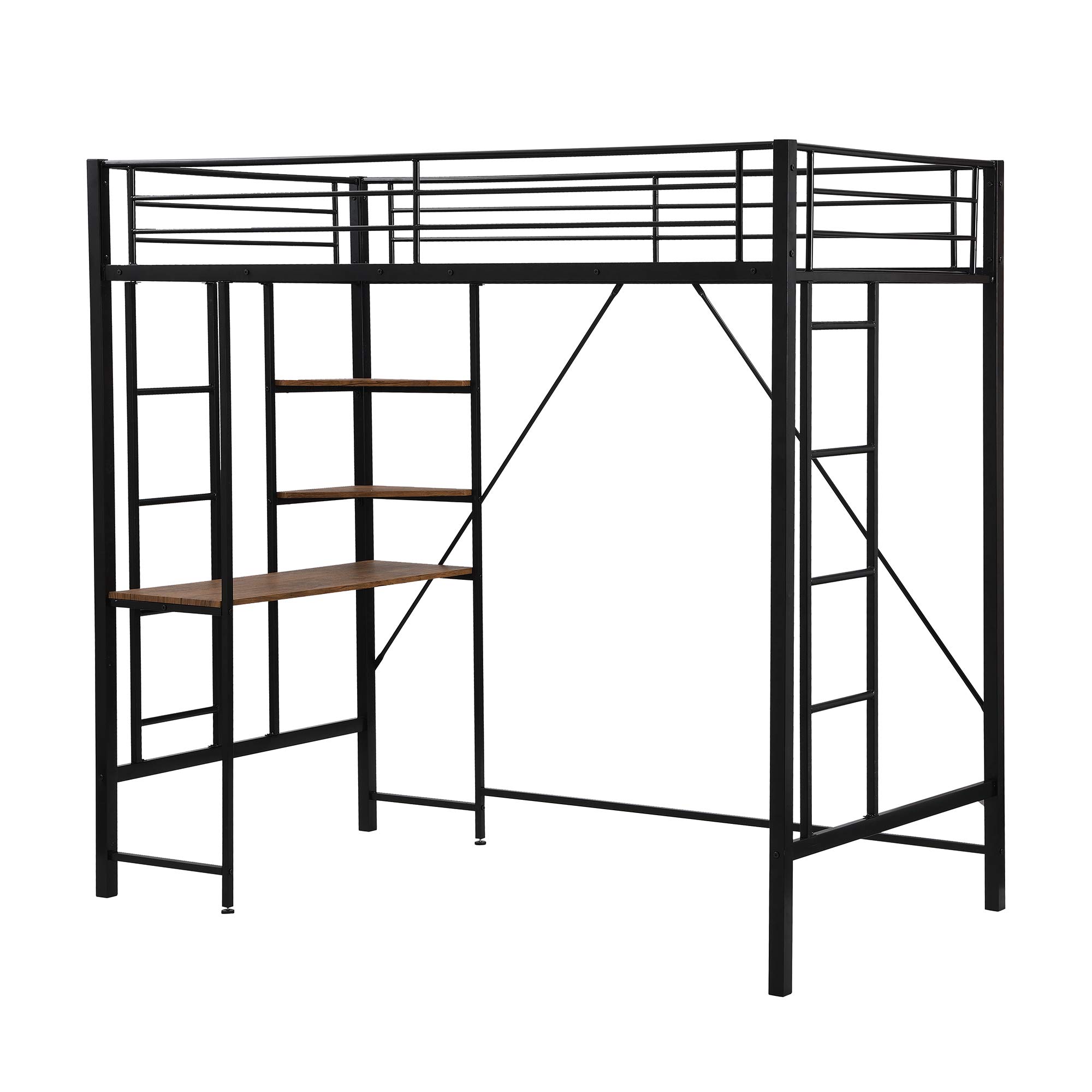 Space-Saving Metal Twin Loft Bed with Built-In Desk, 2 Ladders & Shelves - Sturdy Loft Bed Frame for Teens & Adults - No Box Spring Needed - Perfect for Small Bedrooms, Dorms & Studio Apartments