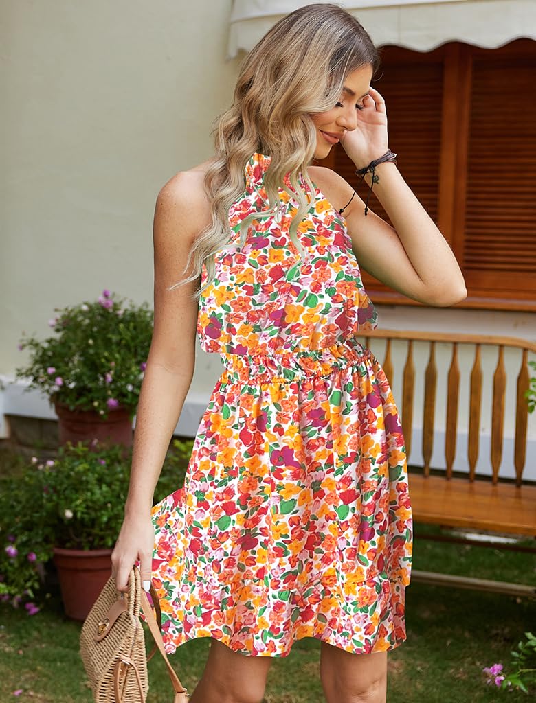 Locryz Women's Summer Floral Sun Dress - Sleeveless Halter Neck Casual Swing Pleated Dress for Beach, Party & Vacation | Perfect for Outdoor Events, Tropical Getaways and Summer Weddings