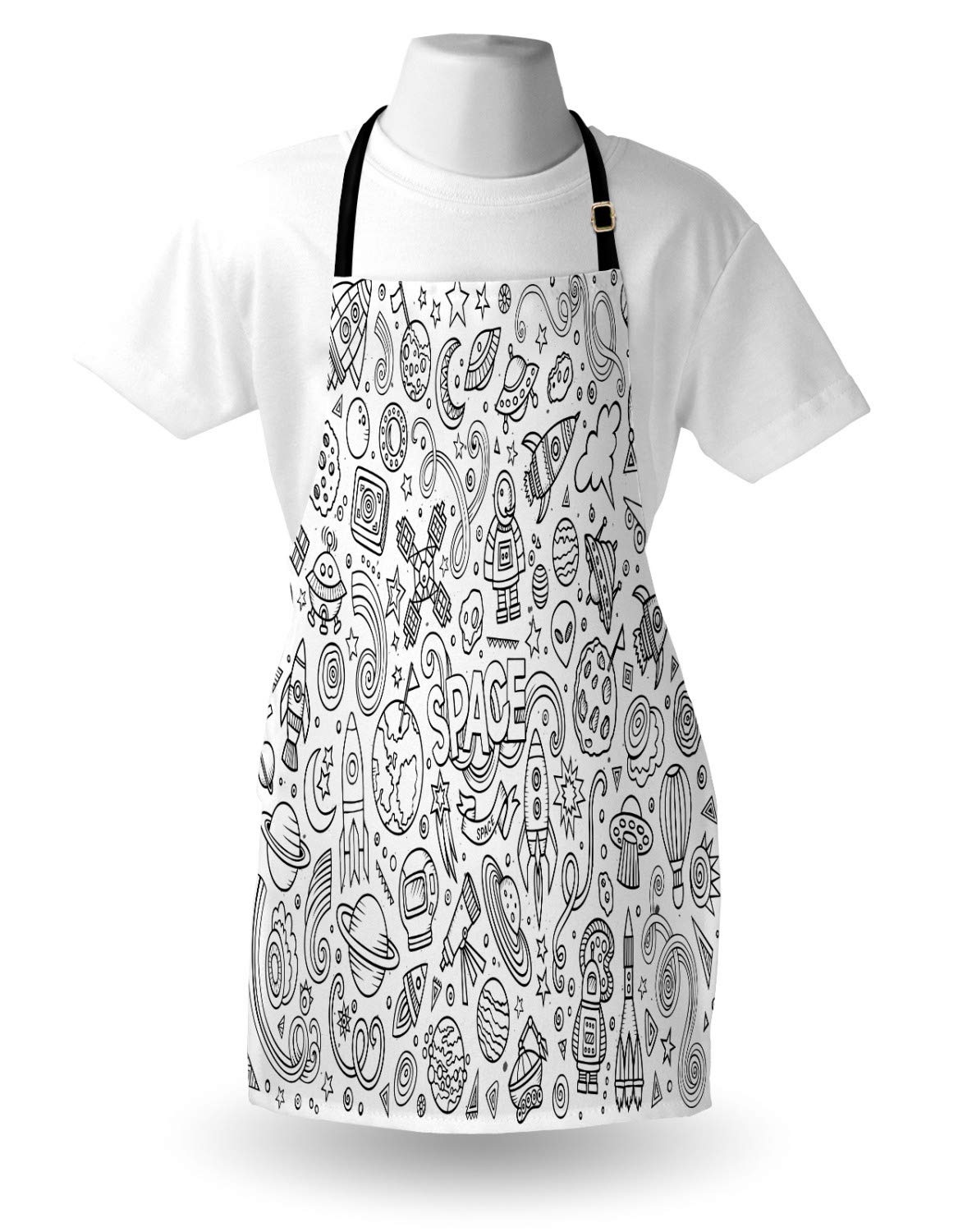 Ambesonne Cartoon Apron - Sketch Abstract Planets Doodle Drawing Style, Adjustable Unisex Kitchen Bib for Cooking & Gardening, Adult Size White & Black - Perfect for Home Chefs, BBQ Parties & Artsy Gift Ideas