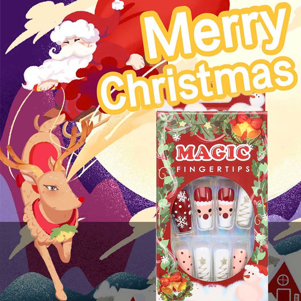 Uranian Christmas Press on Nails - 24pcs Long Red Coffin Fake Nails with Snowflake, Stripes & Santa Claus Elk Glitter Designs | Glossy Full Cover French Tip Acrylic Nails for Women & Girls | Perfect for Holiday Parties, Gift Giving & Festive Nail Art