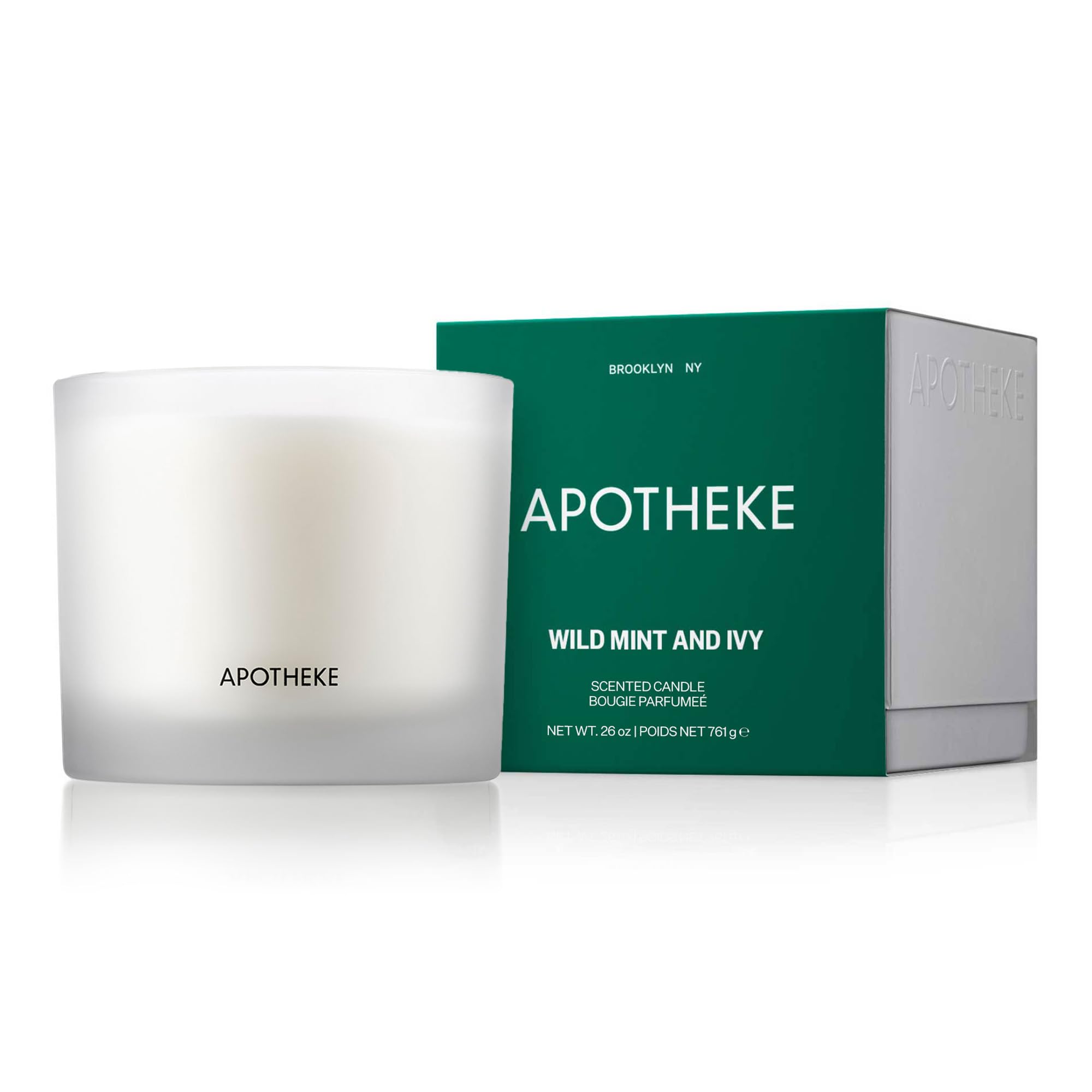 Apotheke 3-Wick Scented Soy Wax Candle - Wild Mint & Ivy Aroma, 26 oz Jar, 120-140 Hours Burn Time | Cedarwood, Oakmoss, Patchouli, Eucalyptus | Home Fragrance for Relaxation, Meditation & Aromatherapy