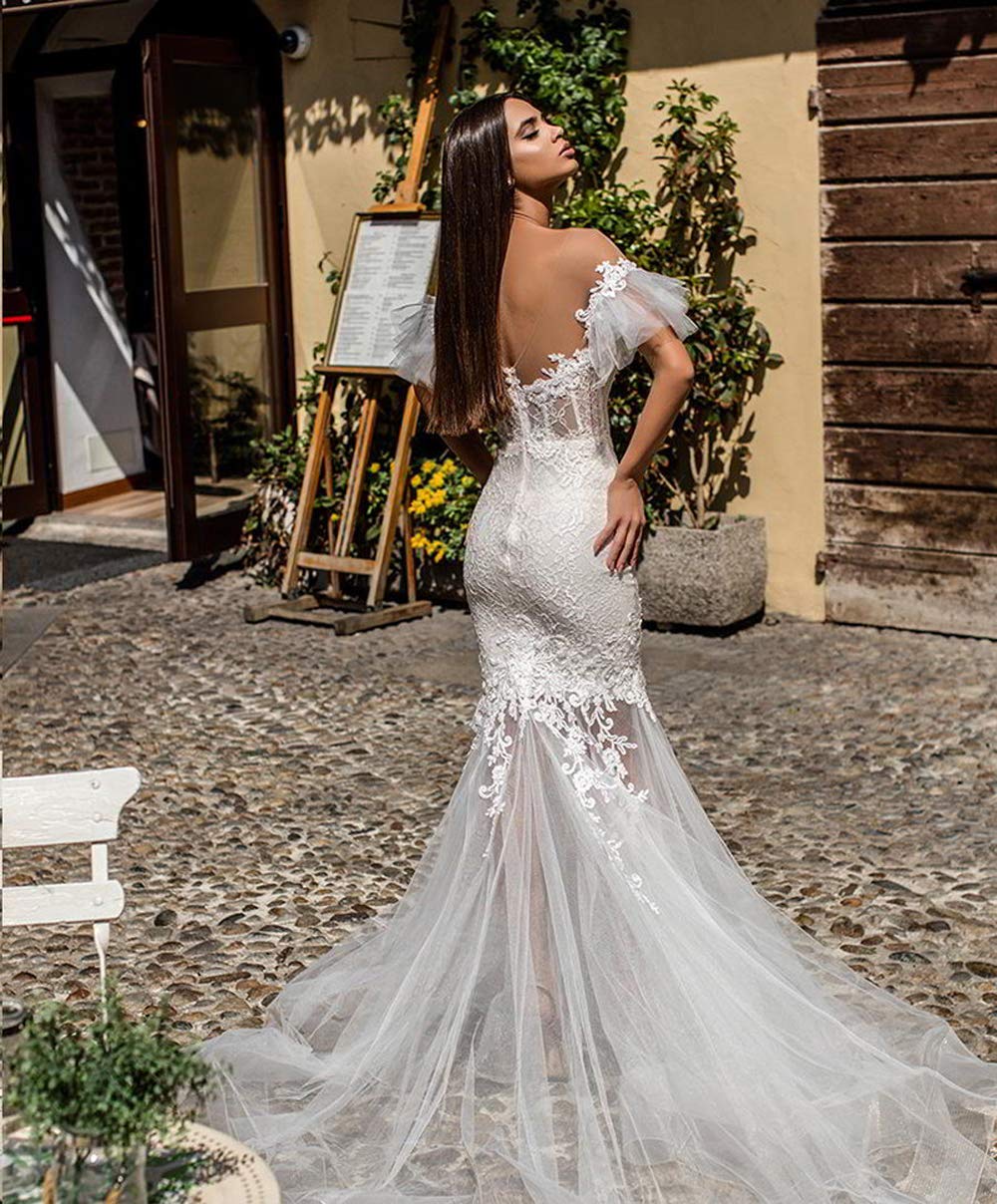 Elegant Mermaid Wedding Dress - Boho Backless Bridal Gown with Off-Shoulder Neckline | Perfect for Beach Weddings, Boho Chic Ceremonies & Romantic Vow Renewals