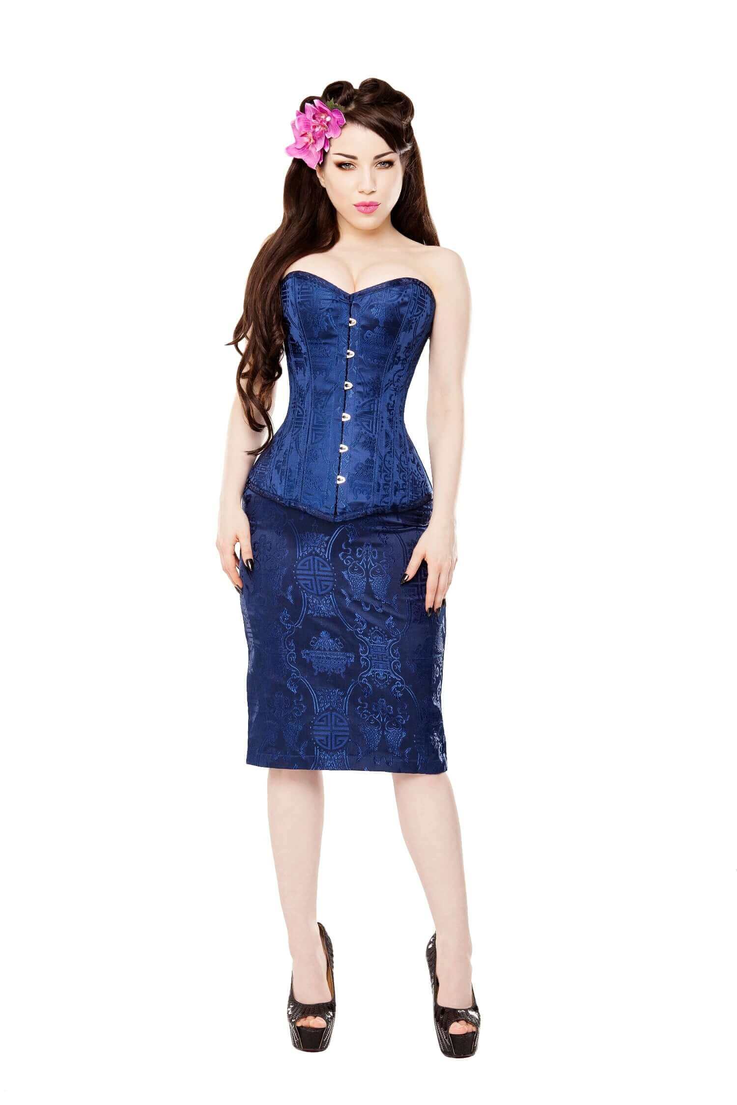 Royal Blue Brocade Corset with Matching Blue Skirt Set - Victorian Style Lace-Up Bustier & Flowy Midi Skirt for Renaissance Fairs, Cosplay & Special Occasions