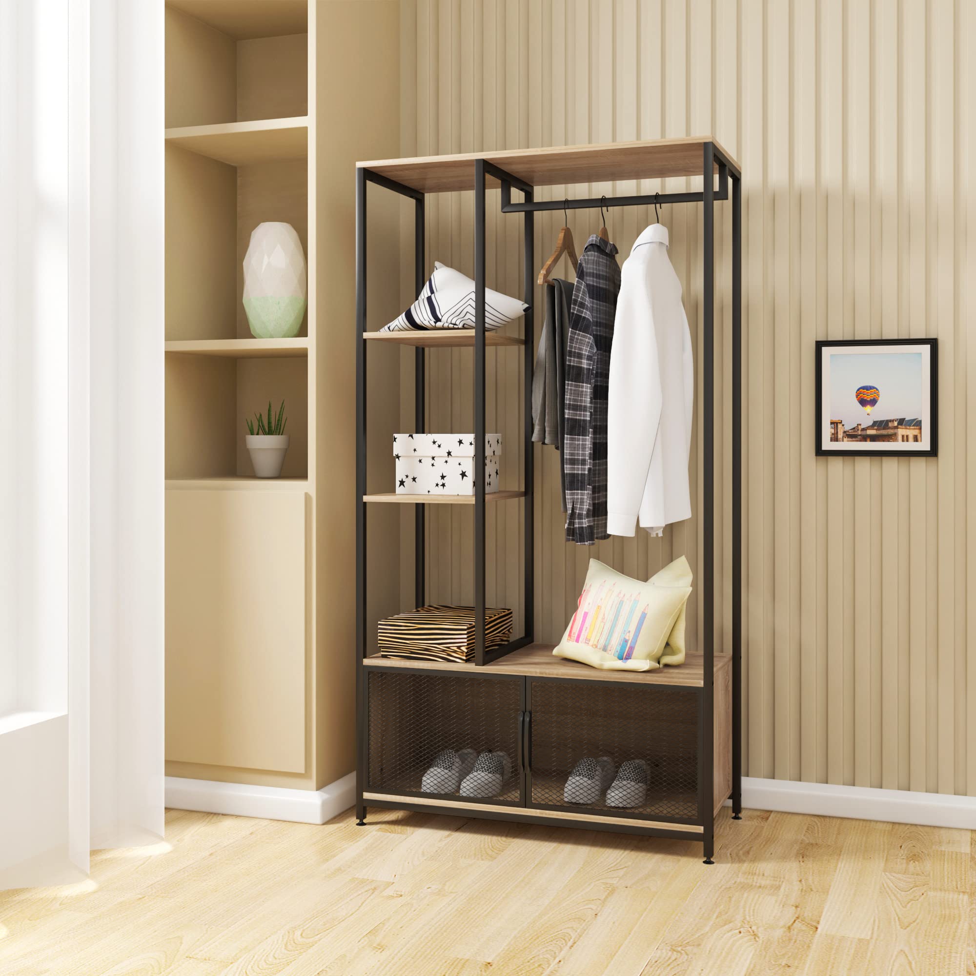 WOLTU Wooden and Metal Standing Coat Rack with Side Shelves and Storage Cabinet - Light Oak Finish | Perfect for Bedroom, Closet, Entryway, and Office Organization