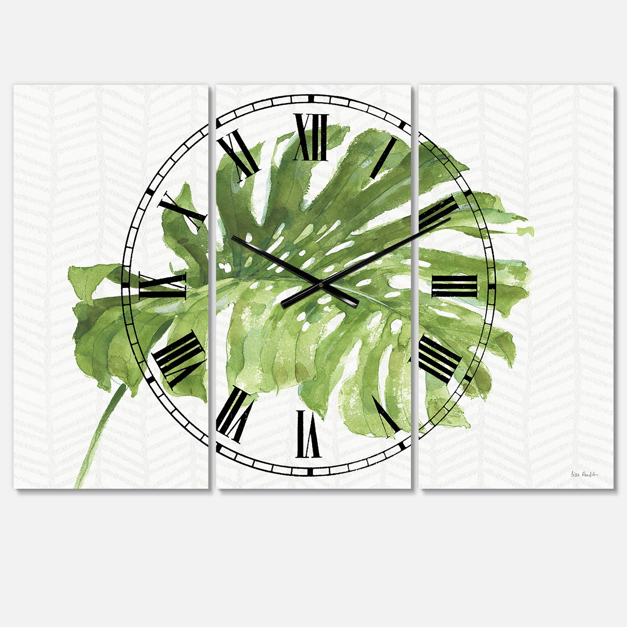 Designart Mixed Botanical Green Leaves Vintage Wall Art - Farmhouse 3 Panel Wall Clock with Decorative Metal Frame | Perfect for Home, Living Room, Bedroom & Office Decor | Creates a Cozy Rustic Atmosphere
