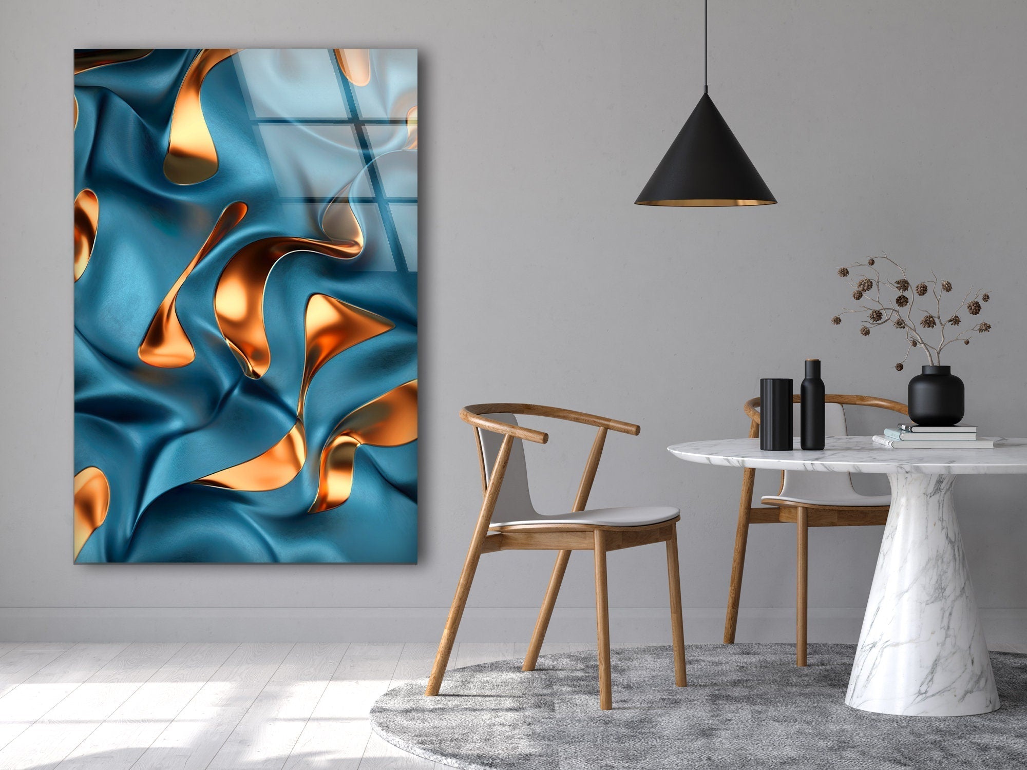 Abstract Bronze Blue Glass Wall Art - Modern Home Decor for Living Room, Bedroom & Office - Elegant Handmade Glass Panel for Stylish Interior Design