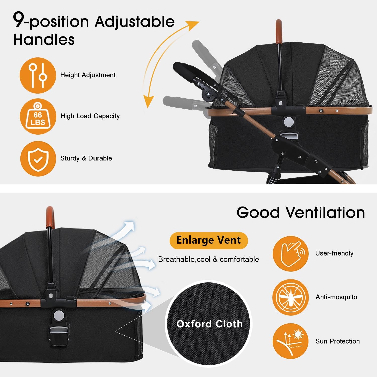 BestPet Premium 3-in-1 Folding Pet Stroller for Large & Medium Dogs & Cats - Aluminum Frame, 66lbs Capacity, Lightweight Travel Stroller with Detachable Carrier - Perfect for Walks, Vet Visits & Outdoor Adventures (Black)
