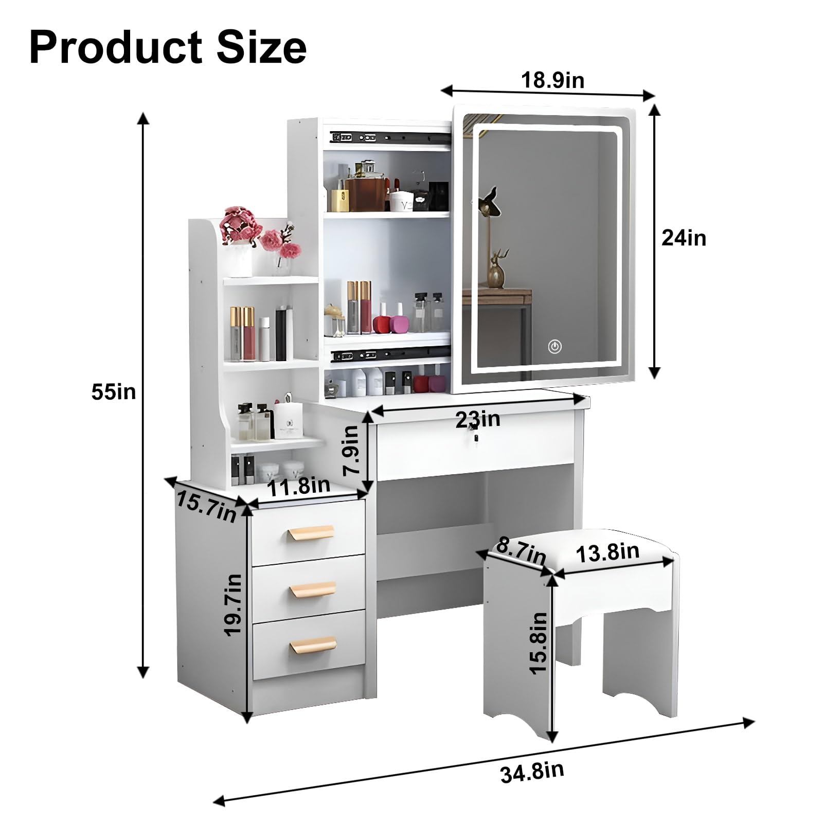 WIIS' IDEA Vanity Desk with LED Lights - Makeup Vanity with Mirror, 4 Drawers & Storage Shelves, Extra Large Sliding Mirror, 3 Lighting Modes & Adjustable Brightness - Perfect for Bedroom, Dressing Room & Beauty Salon Makeup Application
