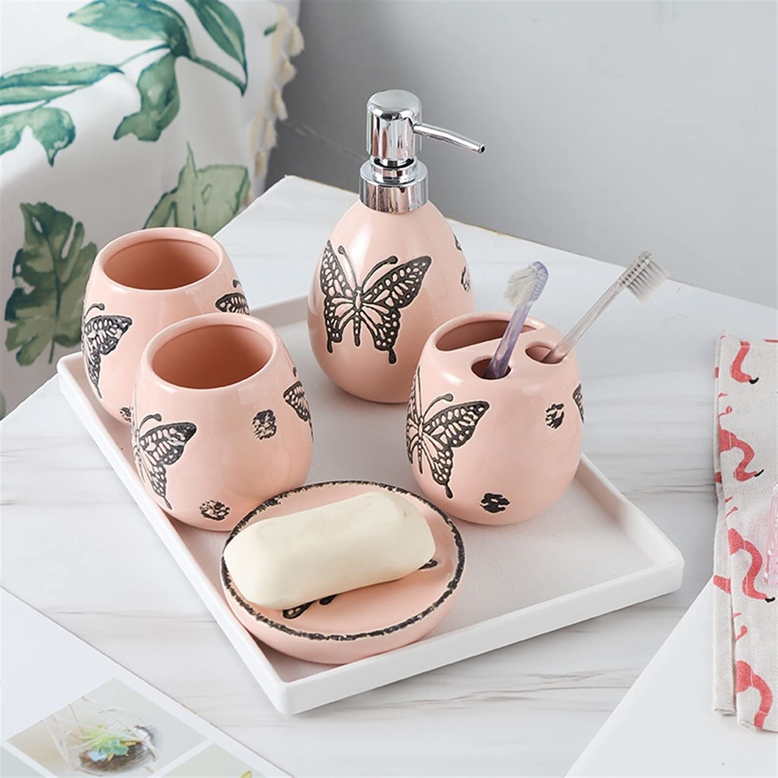 6-Piece Refillable Liquid Hand Soap Dispenser Set - Ceramic Soap Dispenser, Toothbrush Holder, Tumbler, Soap Dish & Tray | Bathroom Accessories for Hotel, Restroom & Home Decor | Perfect for Guest Bathrooms, Spa-Like Showers & Luxury Vanities