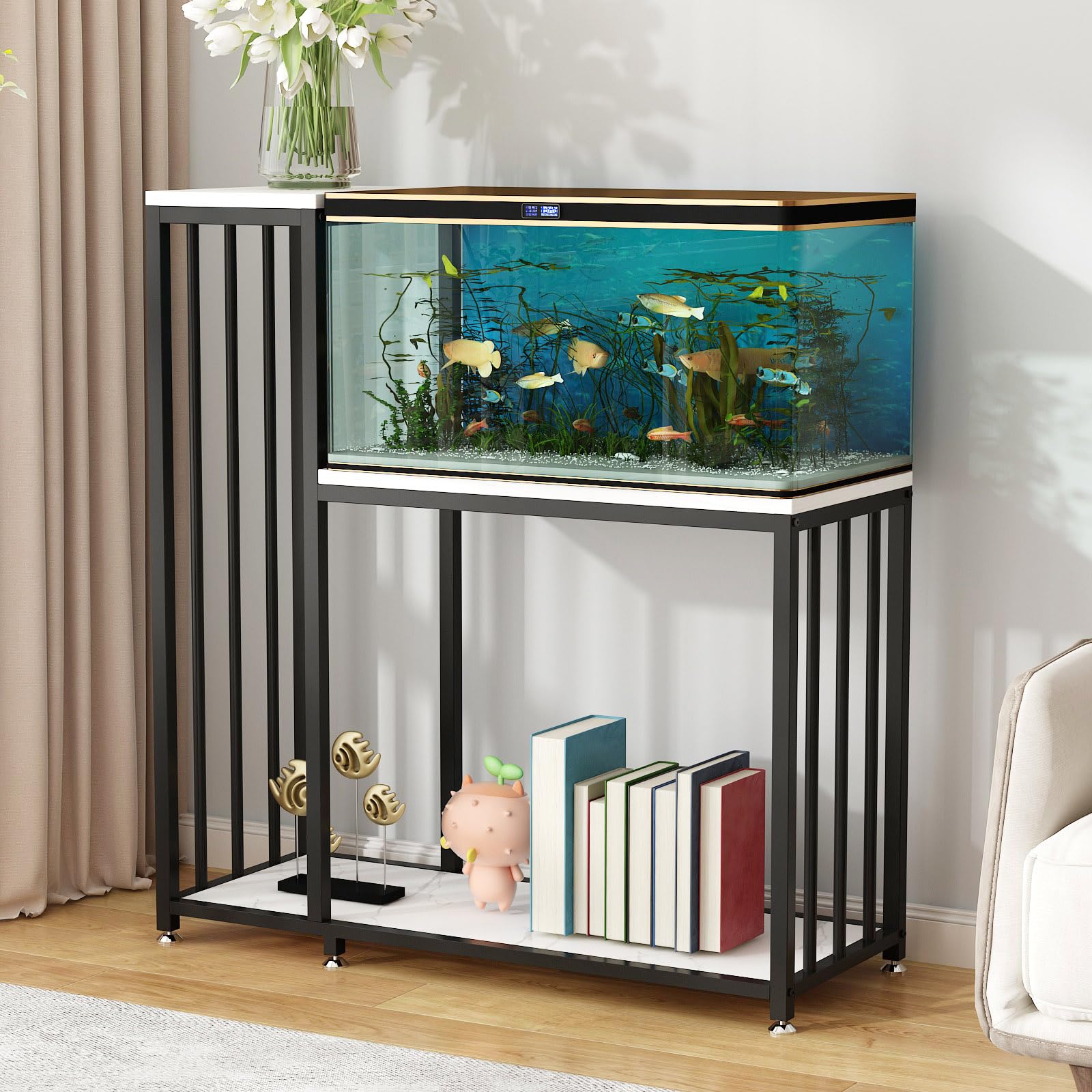 29 Gallon Heavy Duty Metal Aquarium Stand with Storage Shelves - Fish Tank & Reptile Terrarium Stand for Home or Office Use (Black) | Perfect for Organizing Fish Supplies, Turtle Habitats & Home Decor