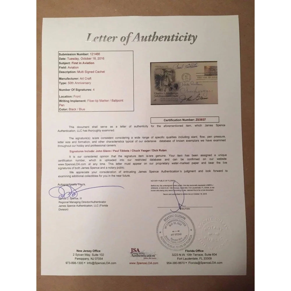 Authentic Signed Envelope Collection - Chuck Yeager, Paul Tibbets, John Glenn & Dick Rutan with JSA COA | Rare Military & Aviation Memorabilia for Collectors & History Enthusiasts | Perfect for Display in Home Offices, Museums & Personal Collections