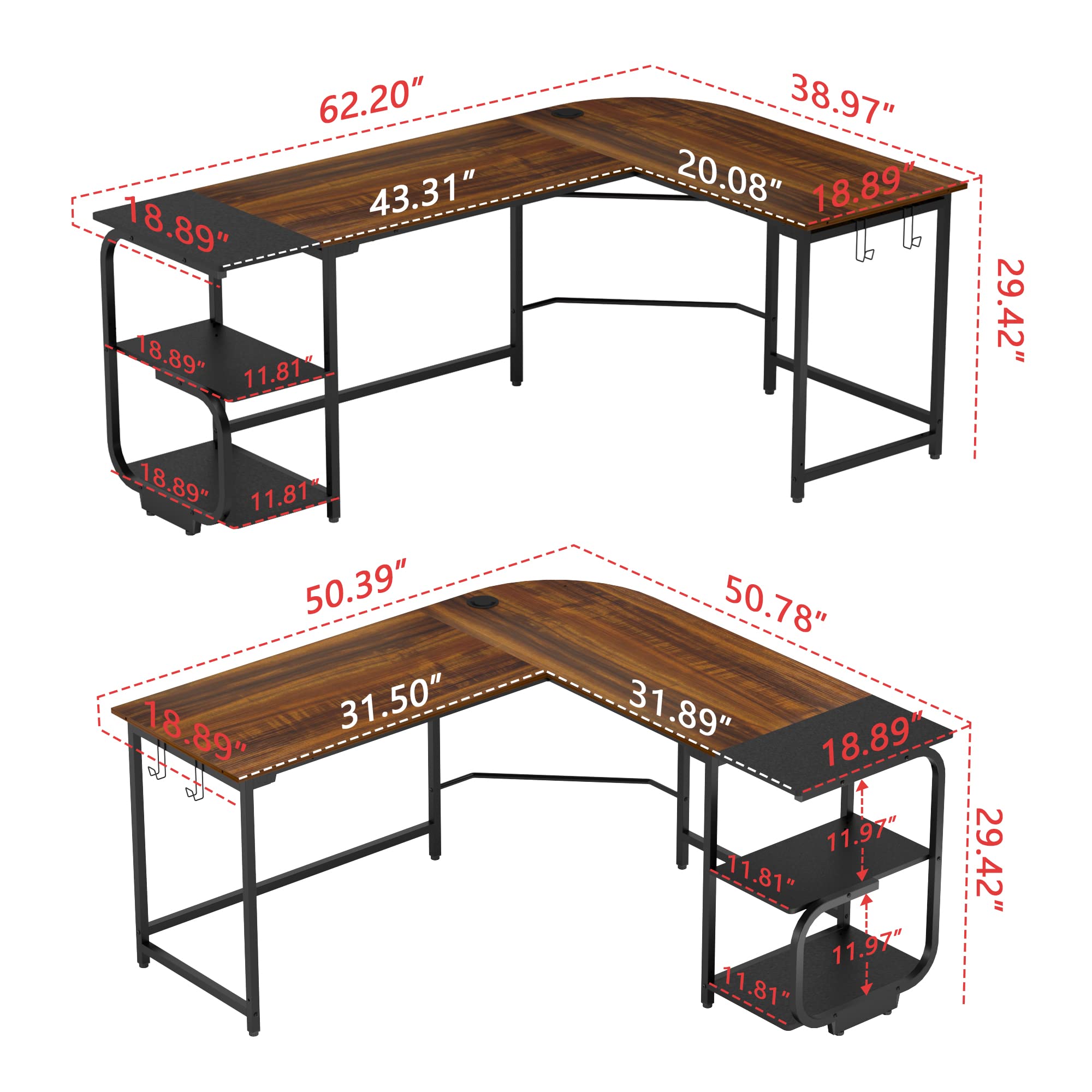 Modern Reversible L-Shaped Gaming Desk for Home Office & Study - Spacious Corner Computer Desk with Teak Finish - Perfect for Small Spaces, Gaming Setups & Workstations