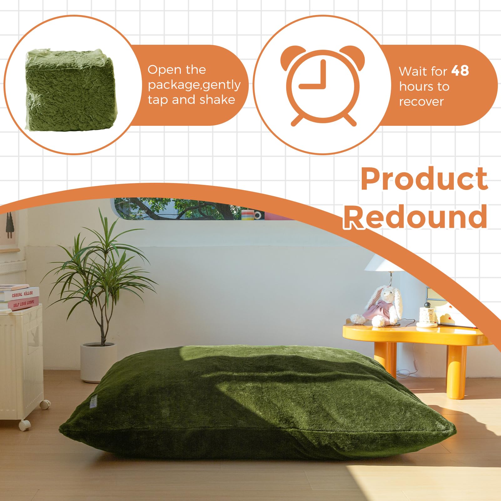 MAXYOYO 3-in-1 Kids Bean Bag Chair Bed - Soft Faux Fur Floor Sofa for Children, Gaming, Reading & Relaxing | Green Convertible Lounger for Bedroom, Playroom & Dorm