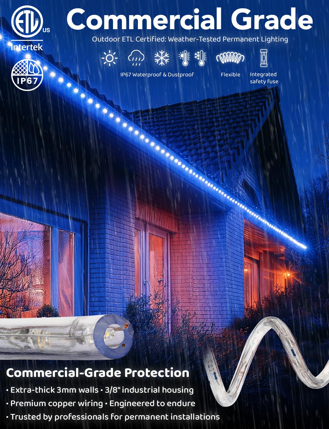 WYZworks 1656LEDs 150ft Waterproof Outdoor LED Rope Lights - ETL Certified Connectable Clear Tube for Christmas, Palm Tree, Holiday, Patio & Landscape Decoration (Blue) | Perfect for Backyard, Garden, Pool & Party Lighting