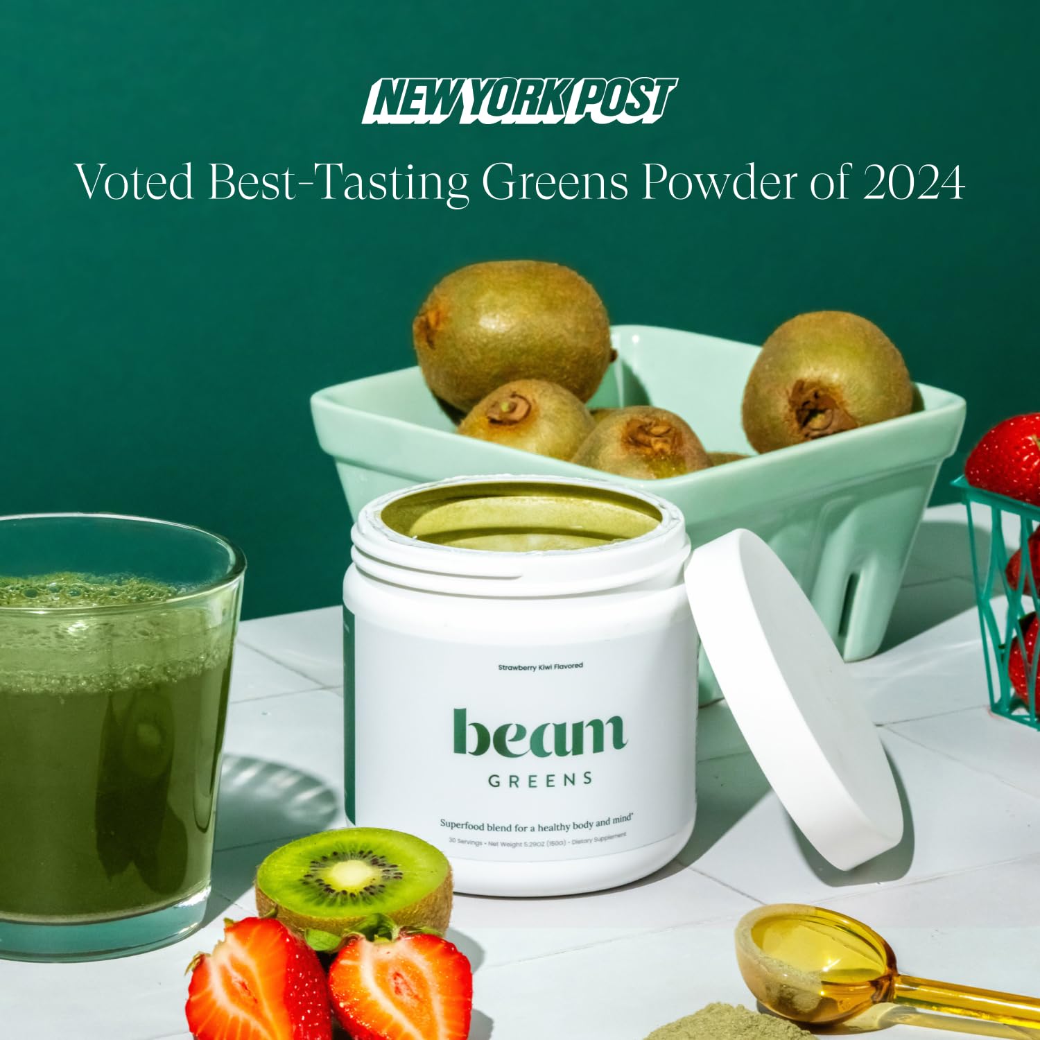 Beam Greens Superfood Powder - Vegan, Non-GMO Organic Greens Blend with Ashwagandha, Vitamins C, B12, B6 & D | Gut Health Supplement | Strawberry Kiwi Flavor (5 Servings) - Perfect for Smoothies, Juices & Daily Wellness Routine