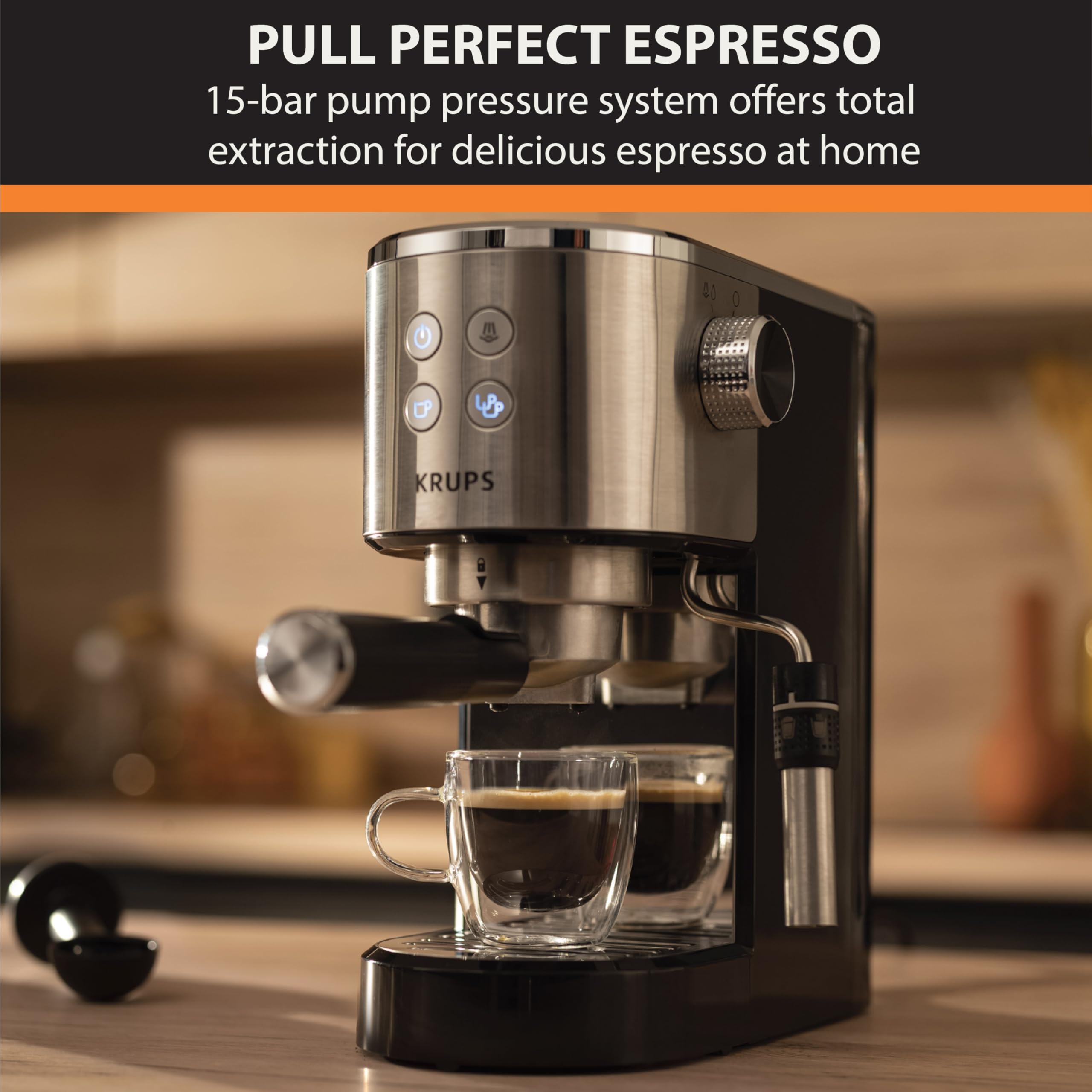 KRUPS Stainless Steel Espresso Machine with 15-Bar Pump Pressure & Milk Frother - Perfect for Cappuccino & Latte - Fast Pre-Heat, 2-Cup Capacity, Cup Warmer, Easy to Clean, 1350W, Silver - Ideal for Home Baristas & Coffee Lovers
