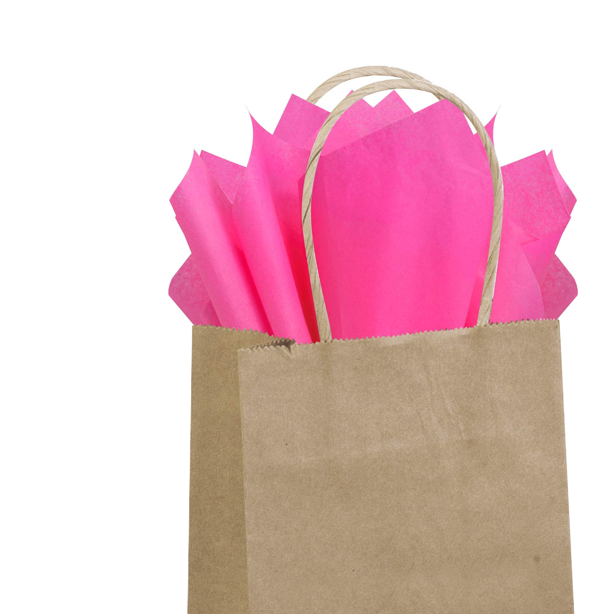 Flexicore Packaging® 50-Pack Natural Brown Kraft Paper Gift Bags with 100 Sheets Hot Pink Tissue Paper - Eco-Friendly Party Favor Bags for Weddings, Birthdays & Holiday Gifting