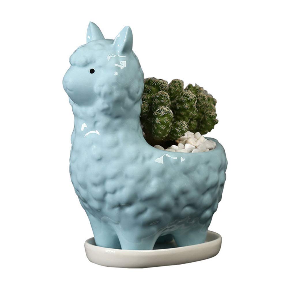 Yardwe Ceramic Alpaca Flower Pot - Creative Succulent Planter with Drainage Hole & Tray, Cute Animal Shaped Outdoor Decor (Sky Blue) - Perfect for Home Garden, Patio, Balcony & Office Desk Plant Decor