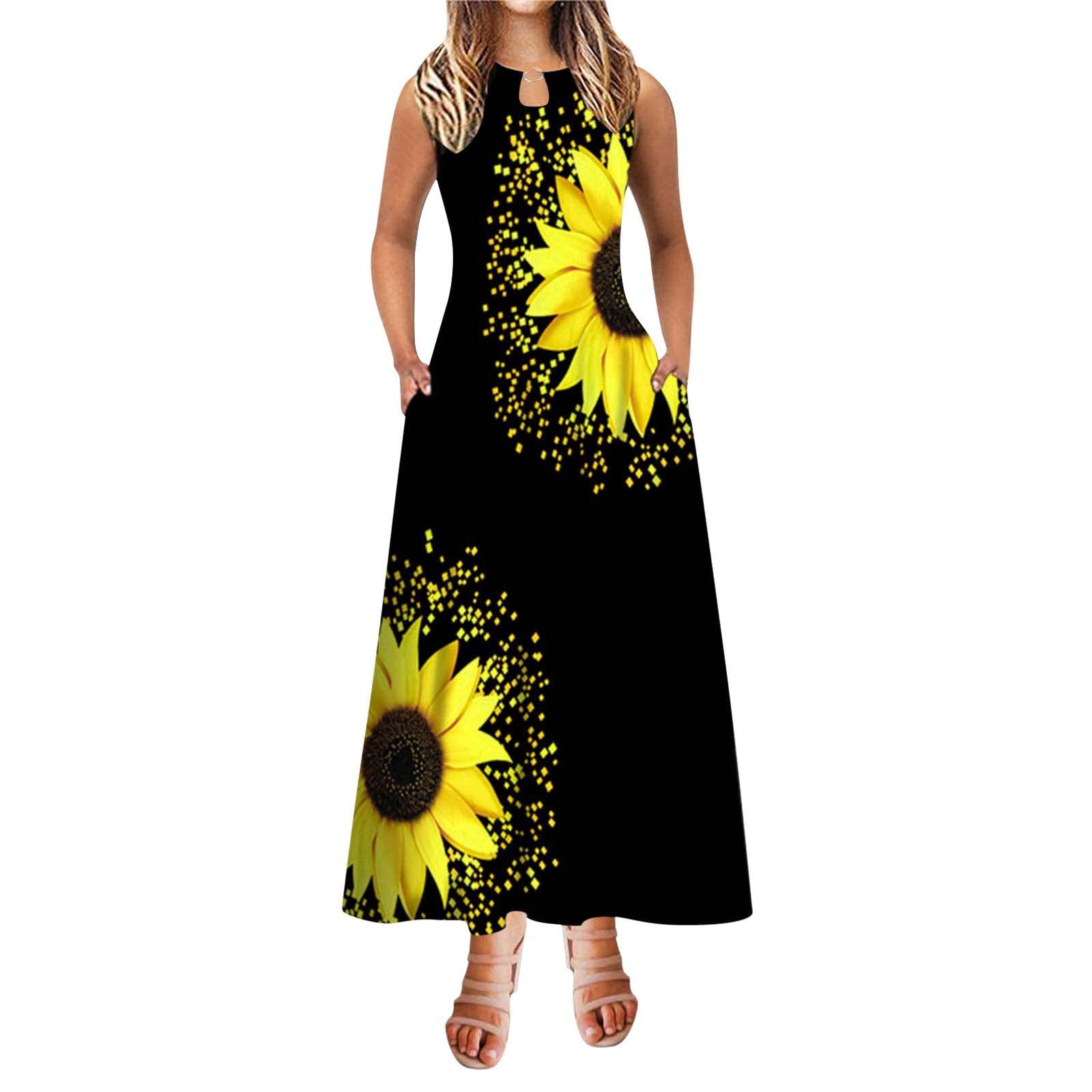 Women's Floral Print Sleeveless A-Line Maxi Tee Shirt Dress with Pockets - Round Neck Summer Long Dress for Beach, Vacation & Casual Outings