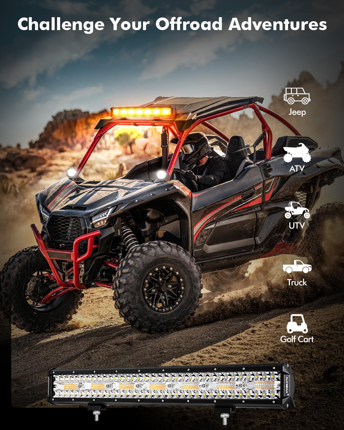 Auxbeam 20-Inch 420W LED Light Bar - 6 Modes (Amber/White Strobe) - Spot Flood Combo Off-Road Light for Trucks, UTV, Jeep - Emergency & Fog Warning Light for Off-Roading, Camping, Hunting & Night Driving