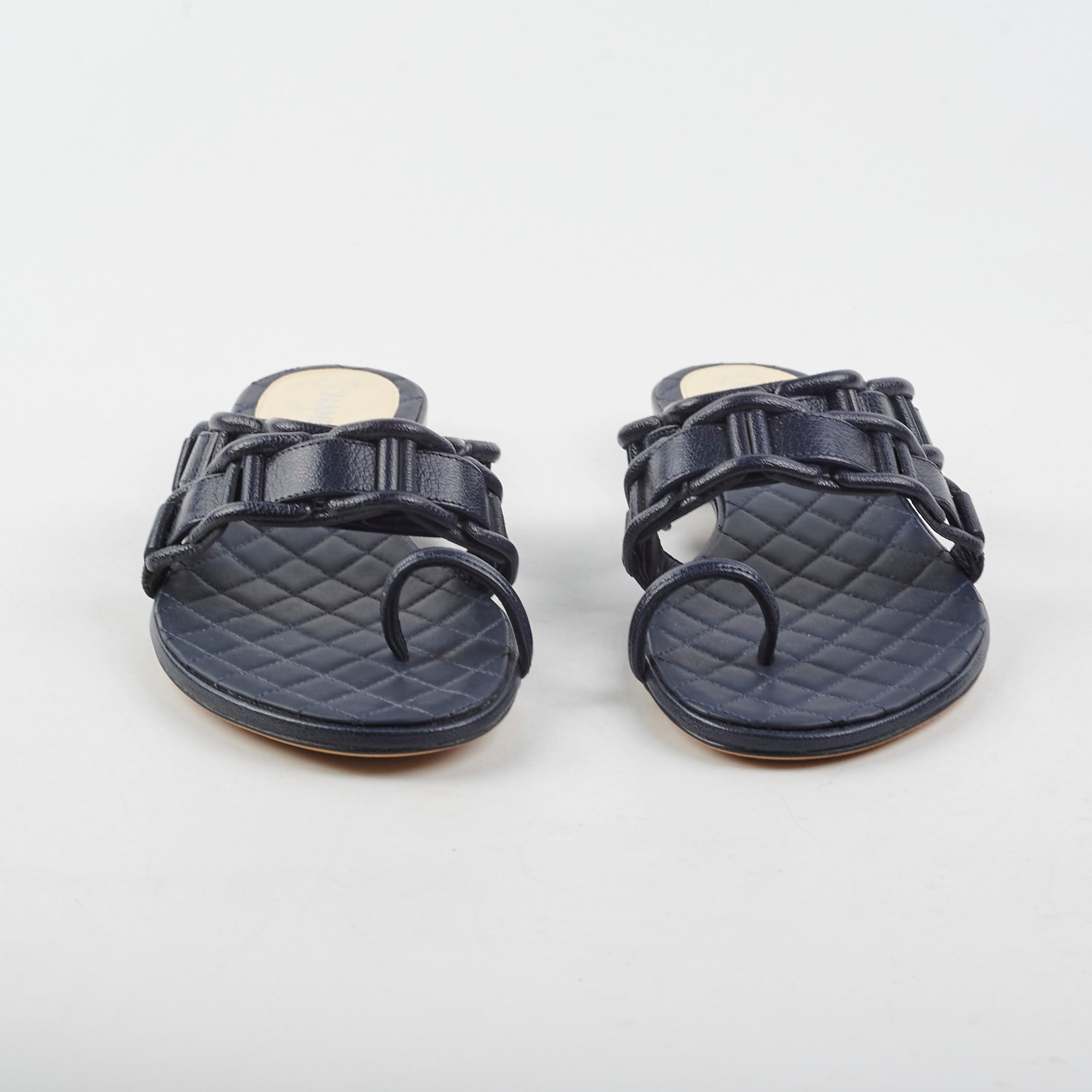 Chanel Navy Blue Leather Sandals Size 36 - Women's Luxury Designer Shoes for Summer Beach & Vacation Outfits