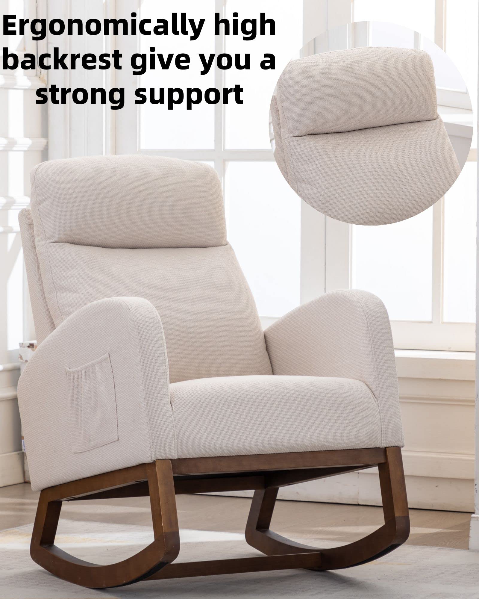 Comfortable Upholstered Glider Rocking Chair for Nursery - Breathable Fabric, Beige | Perfect for Baby Nurseries, Bedrooms & Living Rooms