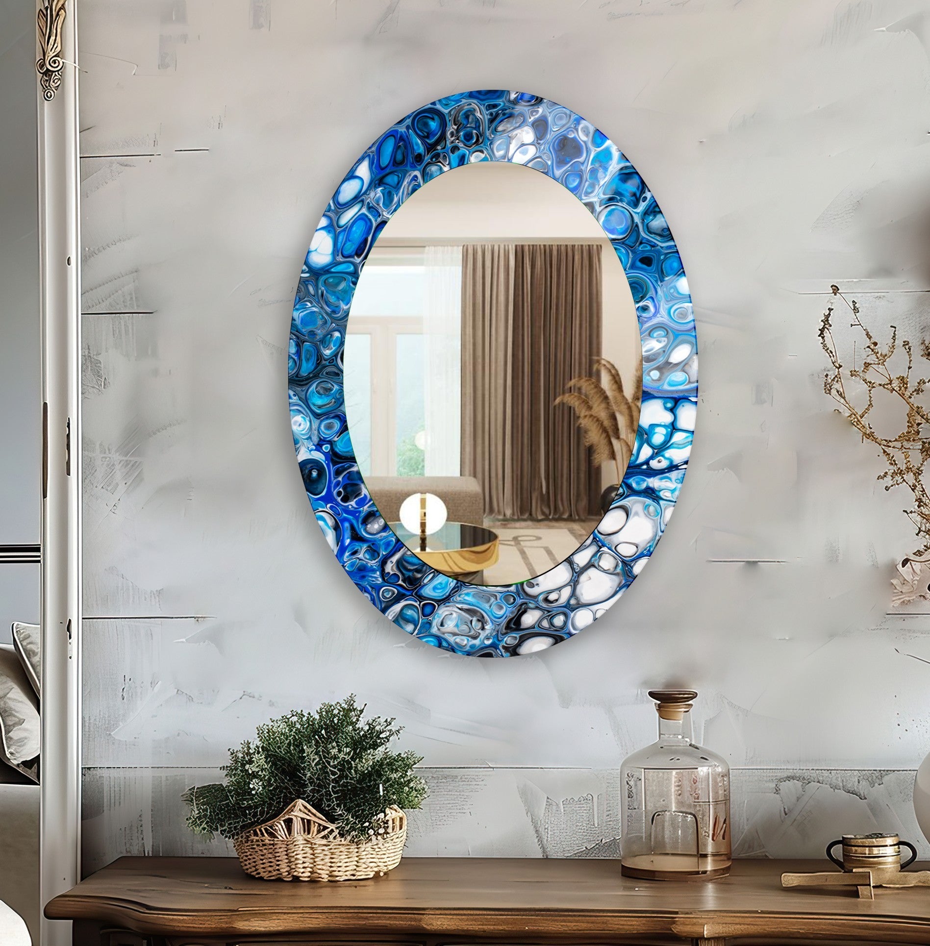Blue Modern Oval Wall Mirror - Elegant Home Decor for Living Room, Bedroom & Entryway - Perfect for Adding Style & Space