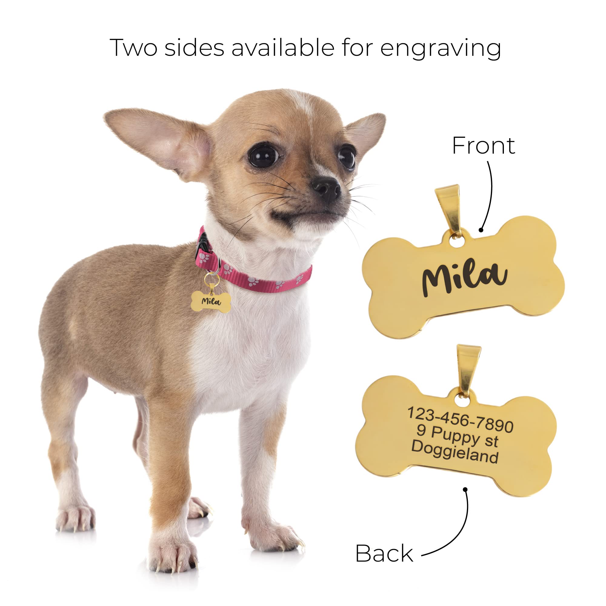 Custom Bone-Shaped Pet ID Tag - Personalized Stainless Steel Collar Tag with Laser Engraving for Dogs, Puppies & Cats - Shiny Bling Paw Design with Safety Ring - Perfect for Lost Pet Prevention & Everyday Wear