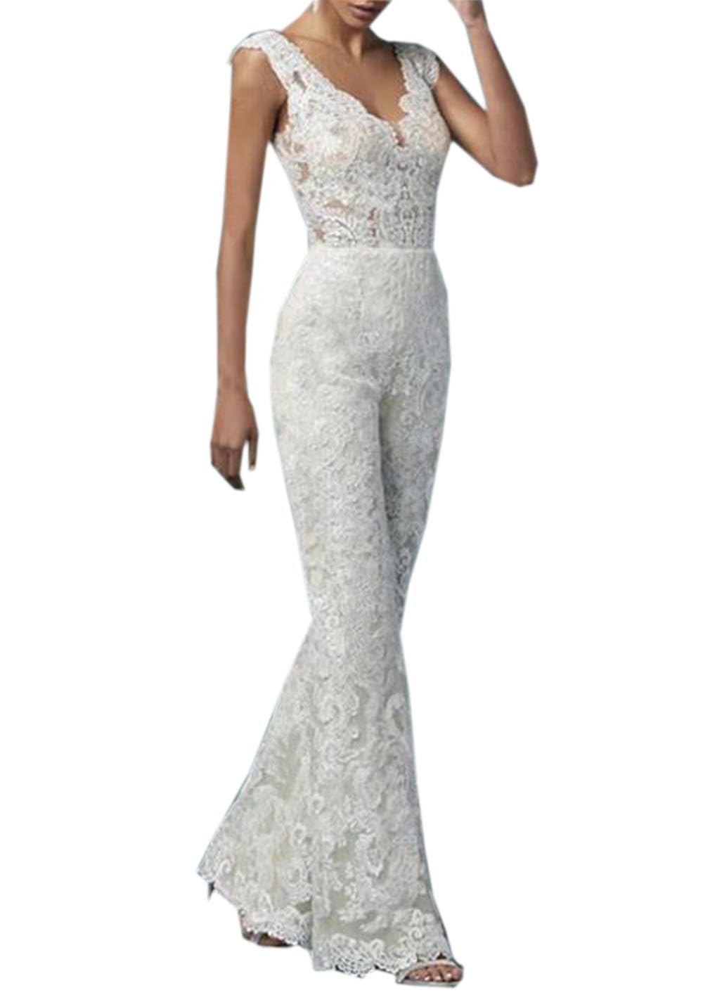 Elegant Lace Wedding Gown with Detachable Train - Bridal Jumpsuit Pants Dress with Appliques | Perfect for Beach Weddings, Vow Renewals & Romantic Photoshoots