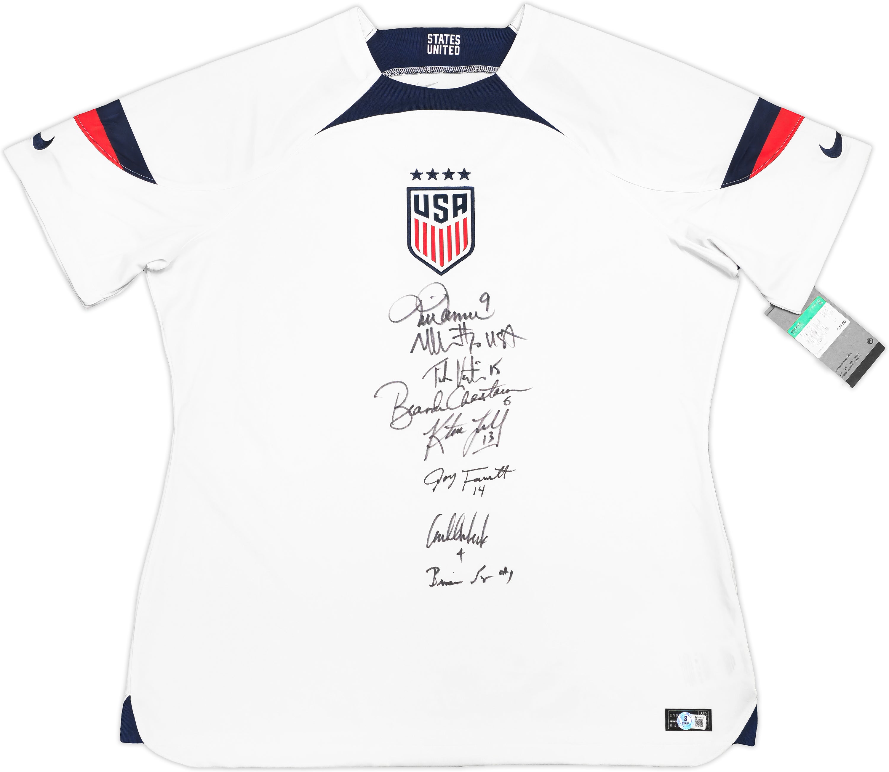 Authentic 1999 USA Women's Soccer World Cup Champions Autographed Nike Jersey - Size XL with 8 Signatures (Mia Hamm, Brandi Chastain) - Beckett BAS Certified | Collectible Sports Memorabilia for Fans & Display
