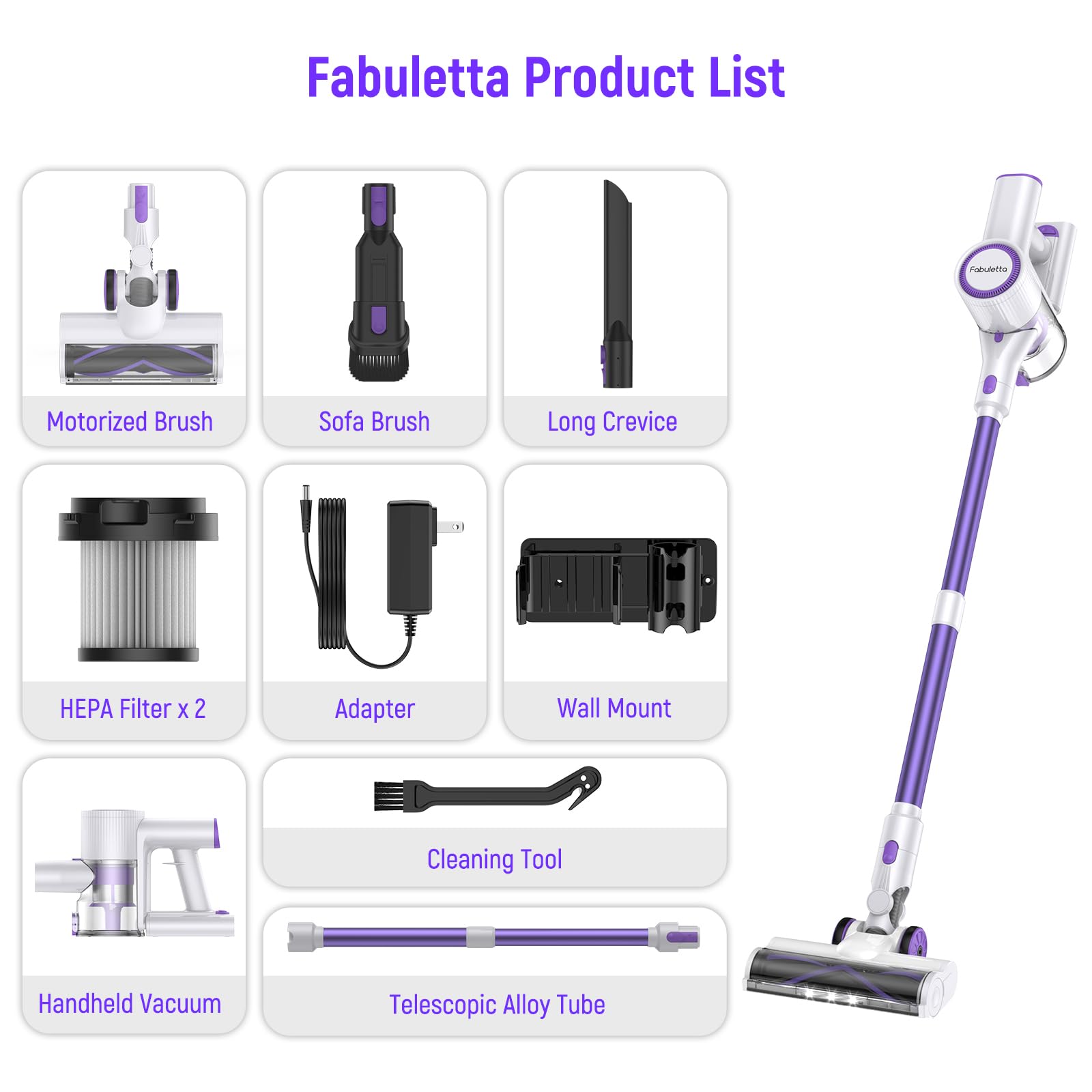 FABULETTA Cordless Vacuum Cleaner - 30Kpa Powerful Suction, 45Min Detachable Battery, 400W Brushless Motor, 6-in-1 Lightweight Stick Vacuum for Hardwood Floors, Carpets & Pet Hair - Perfect for Home Cleaning (Purple) | Ideal for Quick Cleanups, Pet Owners & Allergy Sufferers