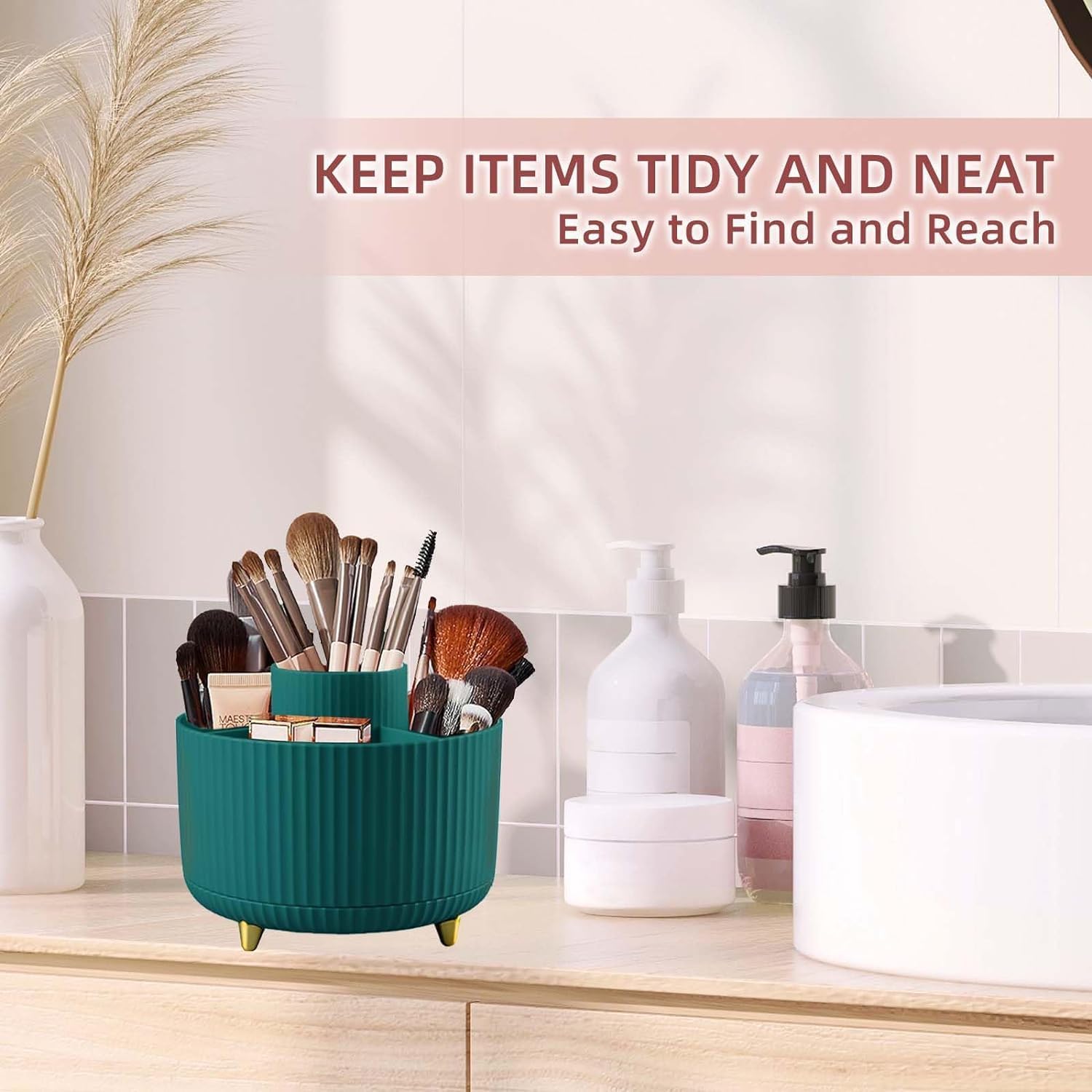 360° Rotating Makeup Brush Holder Organizer - Countertop Cosmetic & Skincare Storage for Vanity, Desktop, Bathroom | Perfect for Makeup Artists & Beauty Enthusiasts (Green)