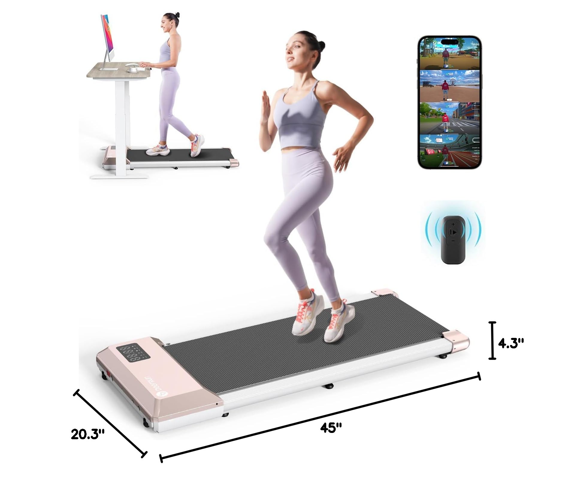DeerRun 2 in 1 Under Desk Treadmill - 2.2HP Quiet Walking Pad & Jogging Machine with Remote Control, Lightweight Portable Treadmill for Home & Office - Perfect for Workouts While Working, Watching TV or Small Spaces