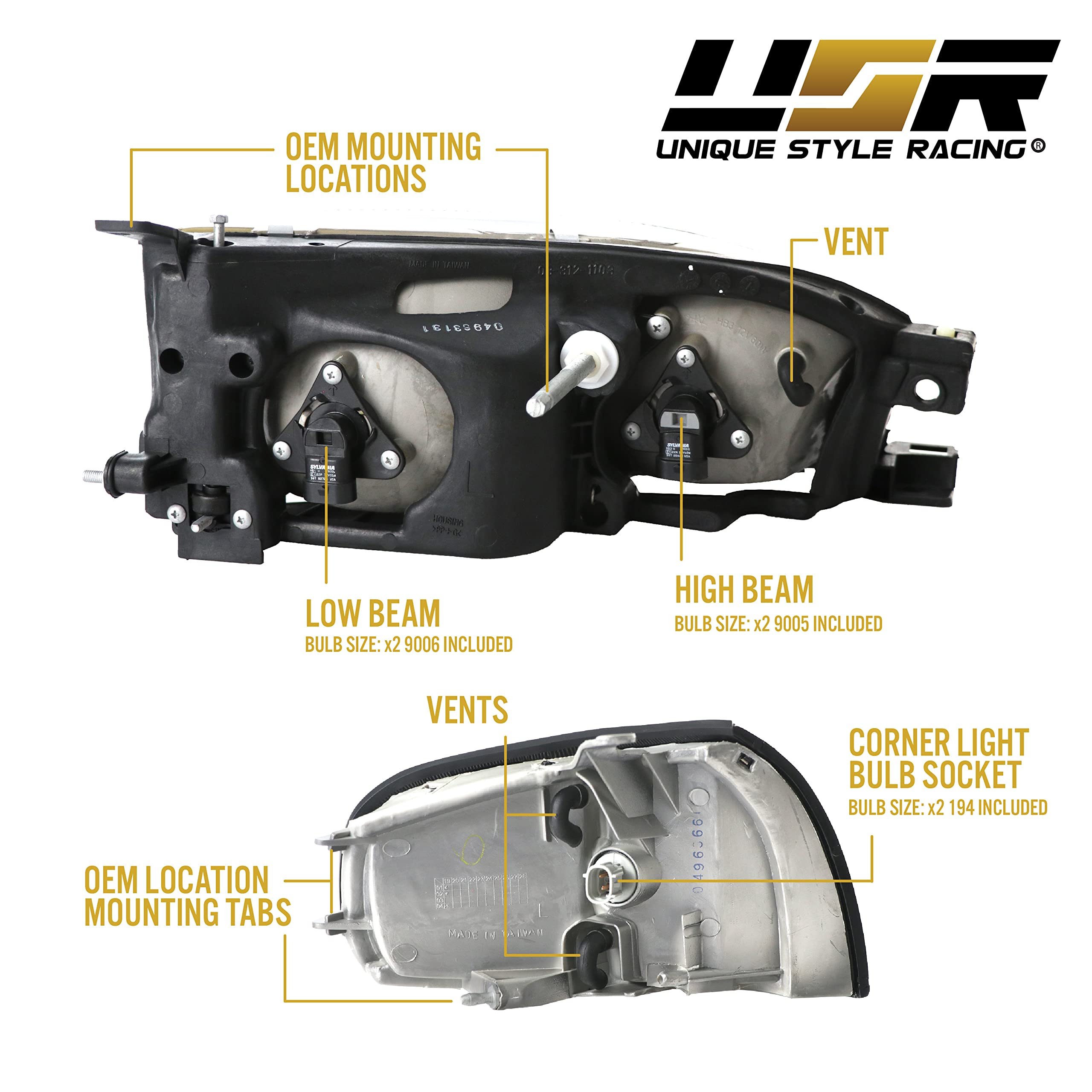 JDM Style Black Housing Clear Lens Headlights & Clear Corner Lights for 1992-1994 Toyota Camry - Complete 4-Piece Set | USR DEPO 92-94 Camry Headlights | Perfect for Night Driving & Car Customization