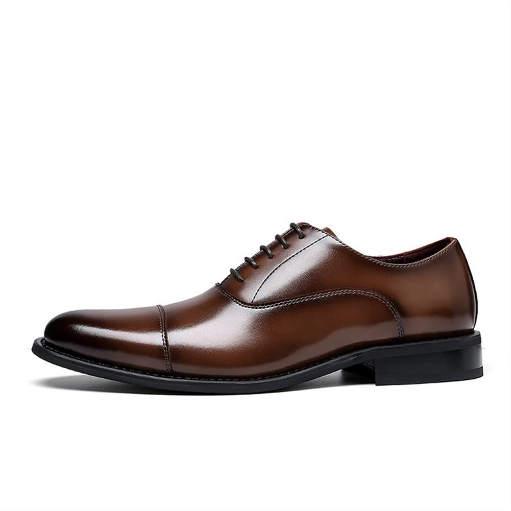 Men's Genuine Leather Oxford Dress Shoes - Lace Up Cap Toe Burnished Slip Resistant Rubber Sole - Light Brown Formal Shoes for Wedding & Business Occasions