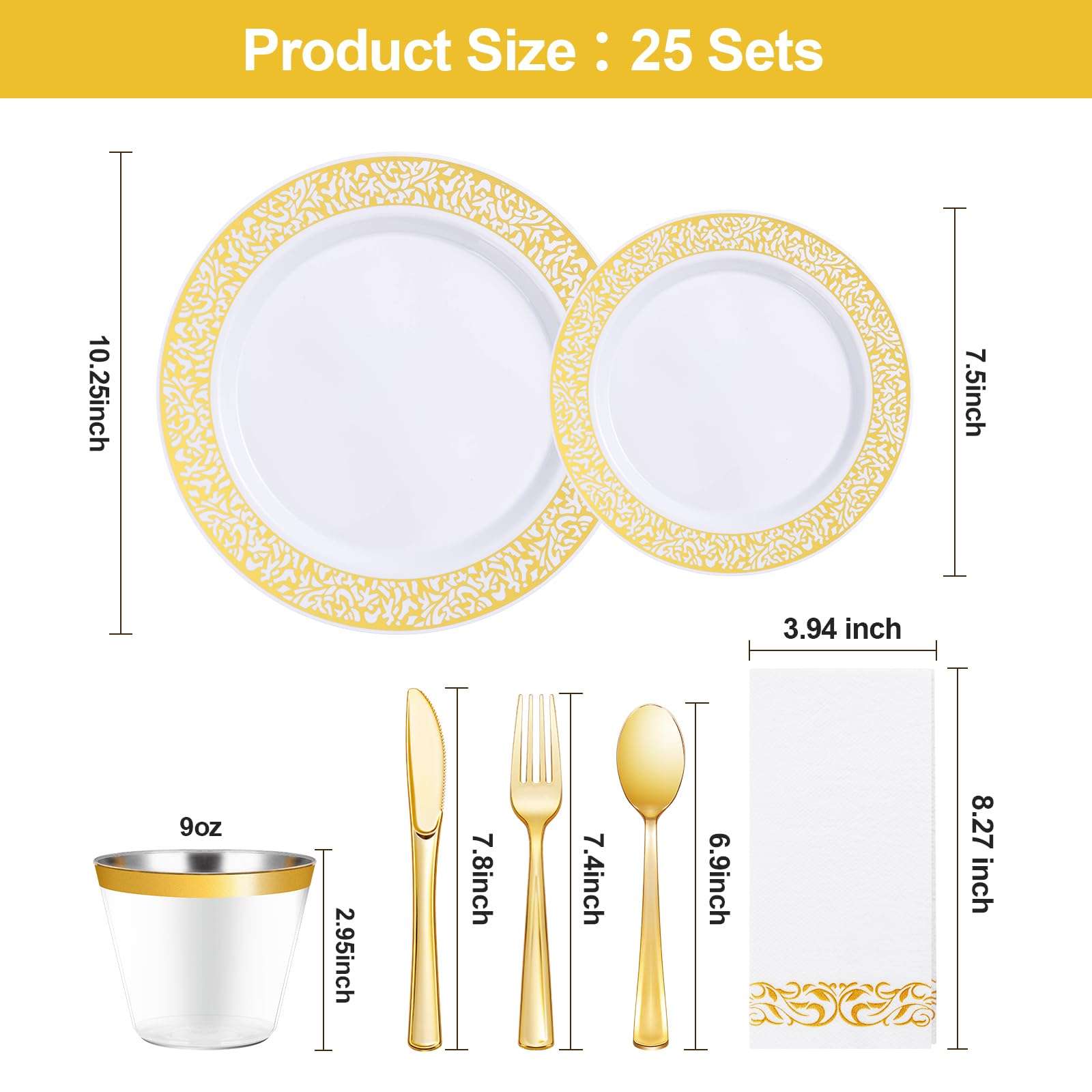 175-Piece Gold Plastic Dinnerware Set for 25 Guests - Disposable Plates, Silverware, Cups & Napkins for Wedding, Party & Dinner Events - Elegant Tableware for Special Occasions