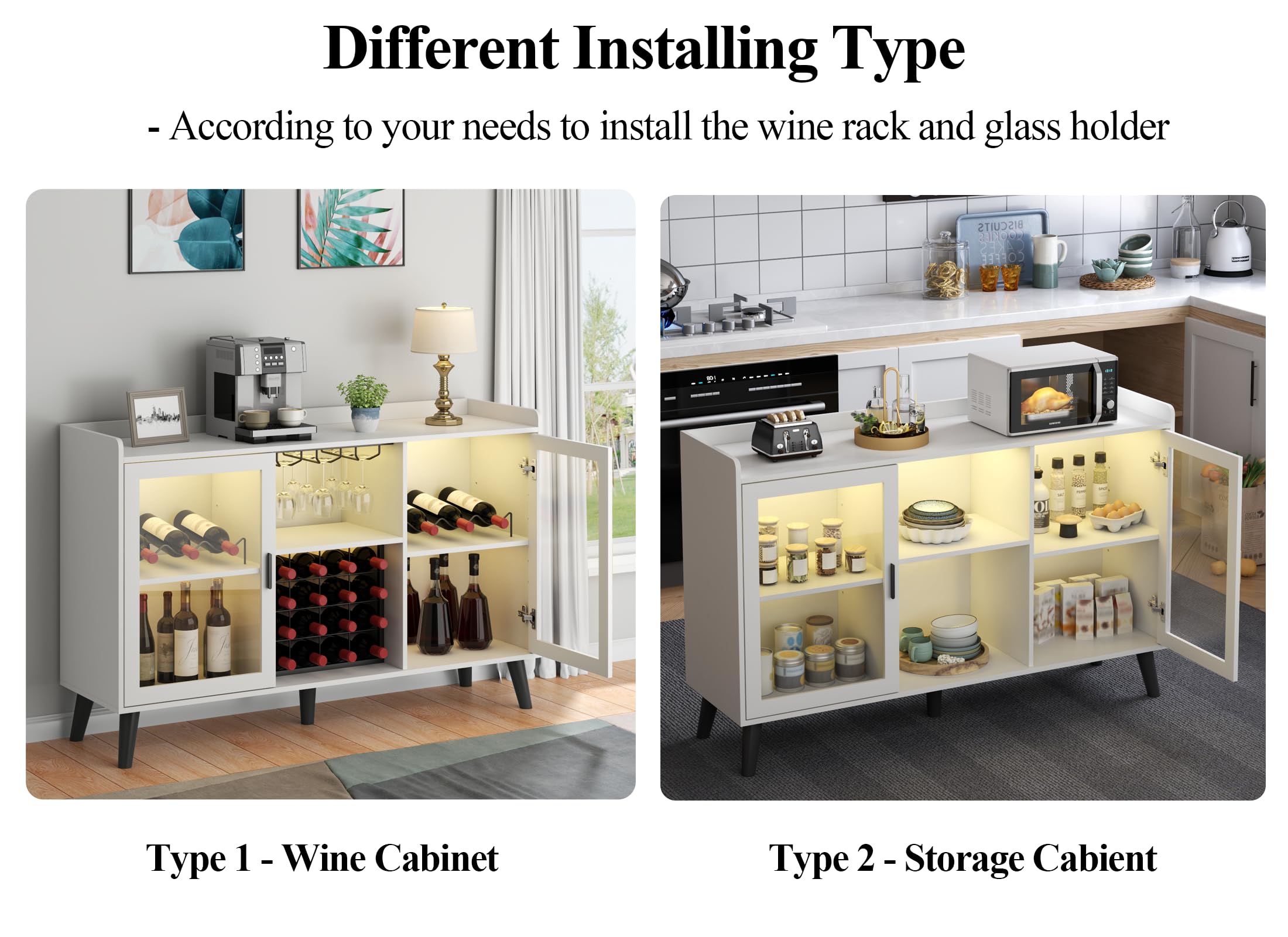 Modern Wine Bar Cabinet with LED Lights - Freestanding Kitchen Sideboard Buffet with Wine Rack, Glass Holder & Storage Shelves - White Glass Door Liquor Cabinet for Home, Dining Room & Entertaining Spaces