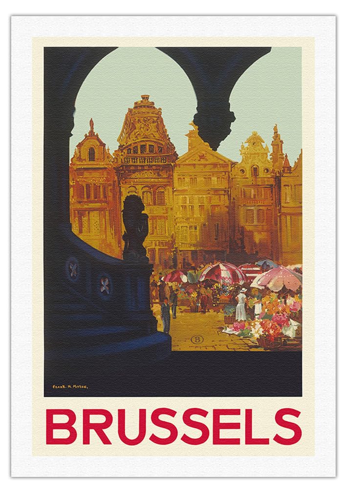 Vintage Travel Poster - Brussels Belgium Grand Place & Belgian National Railways by Frank H. Mason c.1930 - Fine Art Rolled Canvas Print 27x40 inches - Wall Decor for Living Room, Office & Travel Enthusiasts
