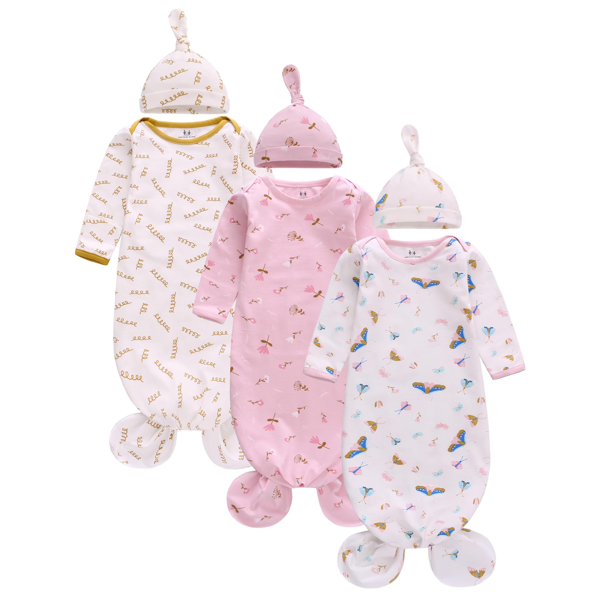 Newborn Knotted Nightgown Set 3 Pack - Long Sleeve Baby Sleepers with Hat & Mittens for Boys & Girls - Perfect for Nursery & Hospital Stay