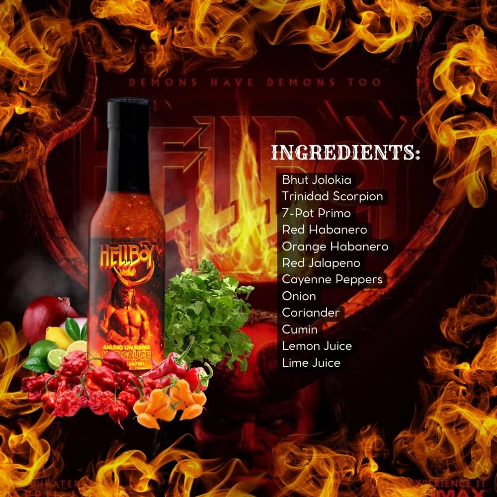HELLBOY ANUNG UN RAMA Hot Sauce - Officially Licensed 2019 Movie Hot Sauce with Bhut Jolokia & Trinidad Scorpion Peppers | Spicy Gift for Movie Fans, Hot Sauce Lovers & BBQ Enthusiasts | Perfect for Wings, Tacos, Burgers & Hellboy Movie Nights