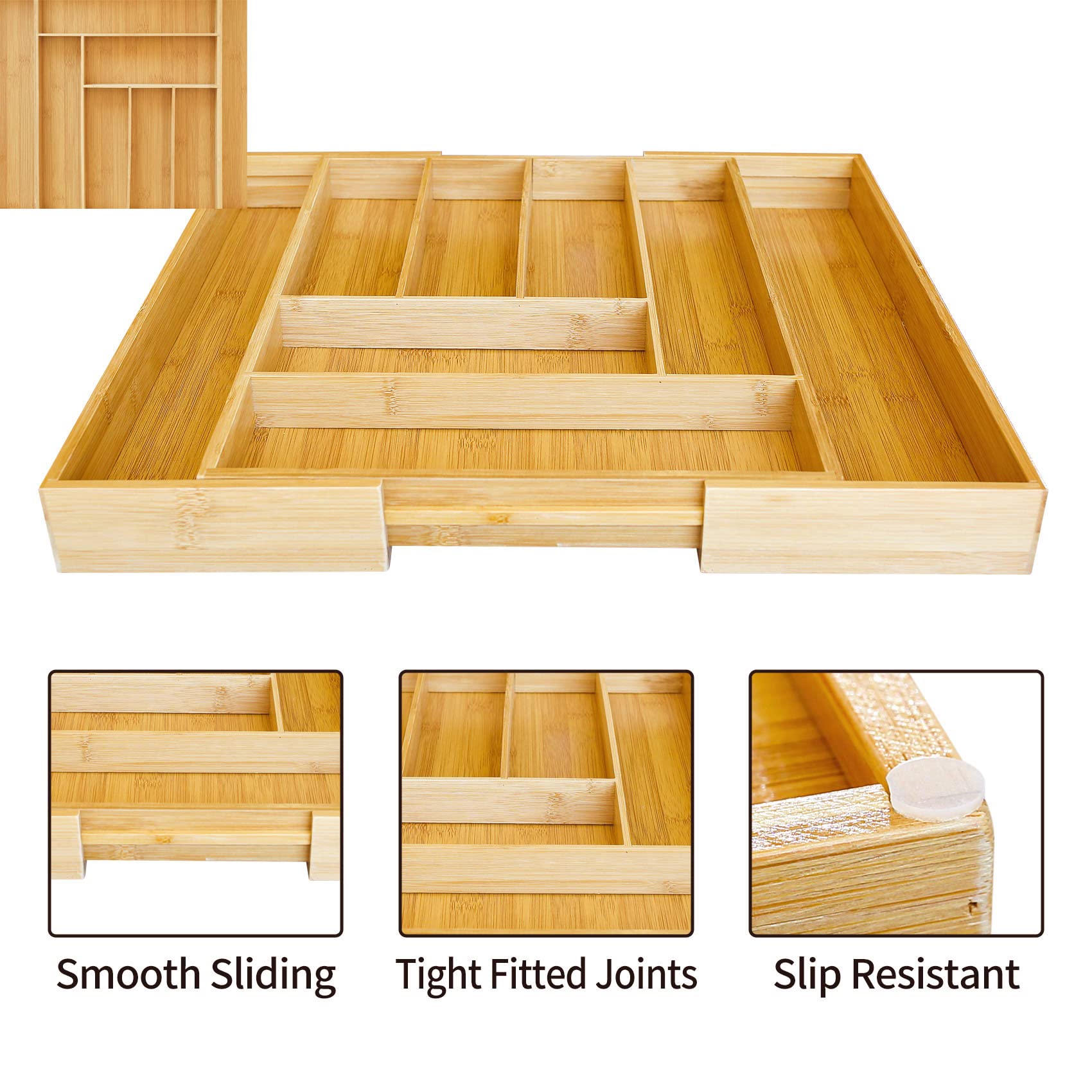 Expandable Bamboo Kitchen Drawer Organizer - 8 Compartment Utensil Tray with Grooved Dividers for Flatware & Cutlery Storage, Perfect for Kitchen Drawer Organization (Natural)