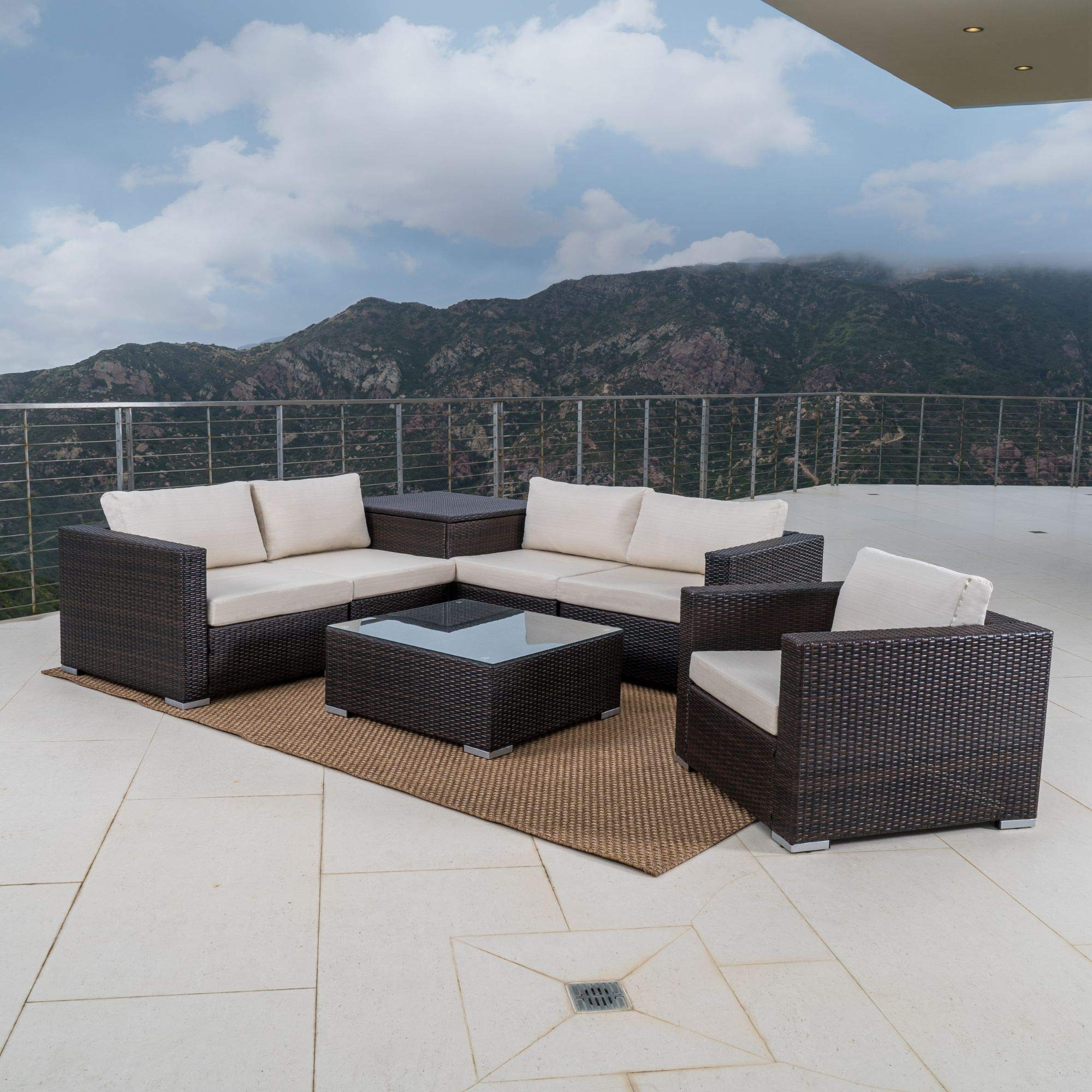 7-Piece Brown and Beige Modern Sectional Sofa Set with Storage Ottoman, 33.25