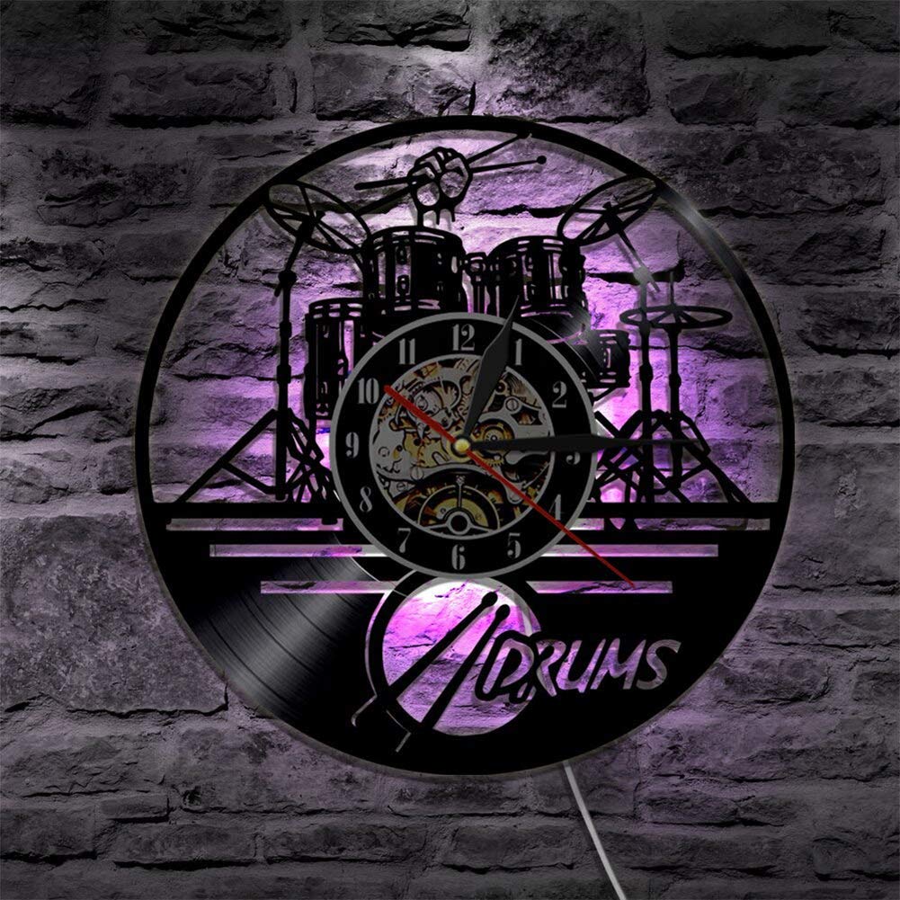 Silent Wall Clock with Carved Drum Design - Vinyl Record Style with LED Lights for Training Room, Music Room & Bedroom | Perfect for Home Decor & Gift Giving