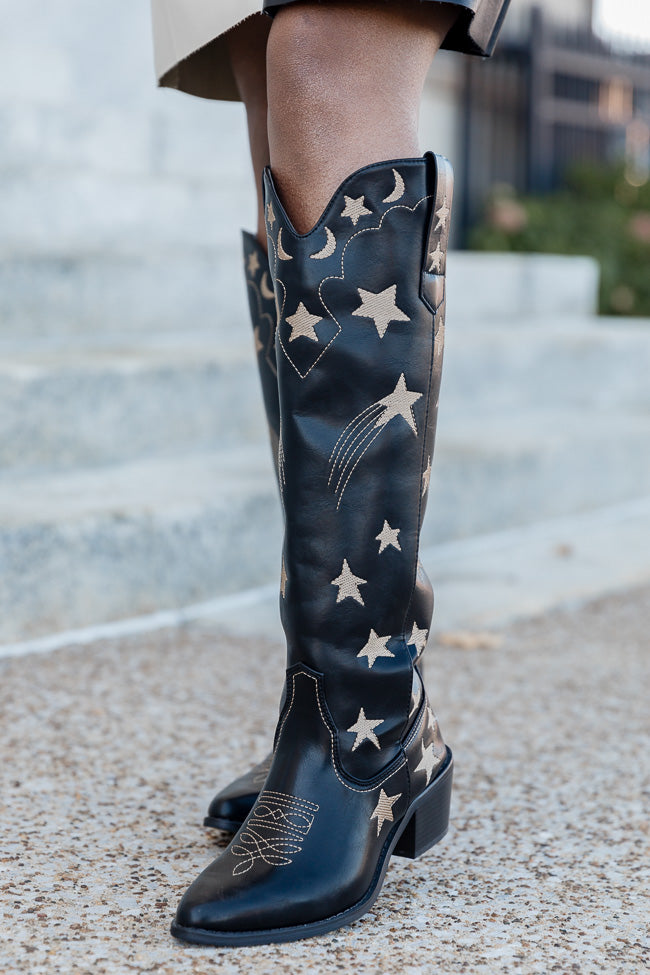Luna Black Star & Moon Western Boots for Women - Stylish Cowgirl Boots with Embroidered Design - Perfect for Country Music Festivals, Rodeos & Western Fashion Outfits