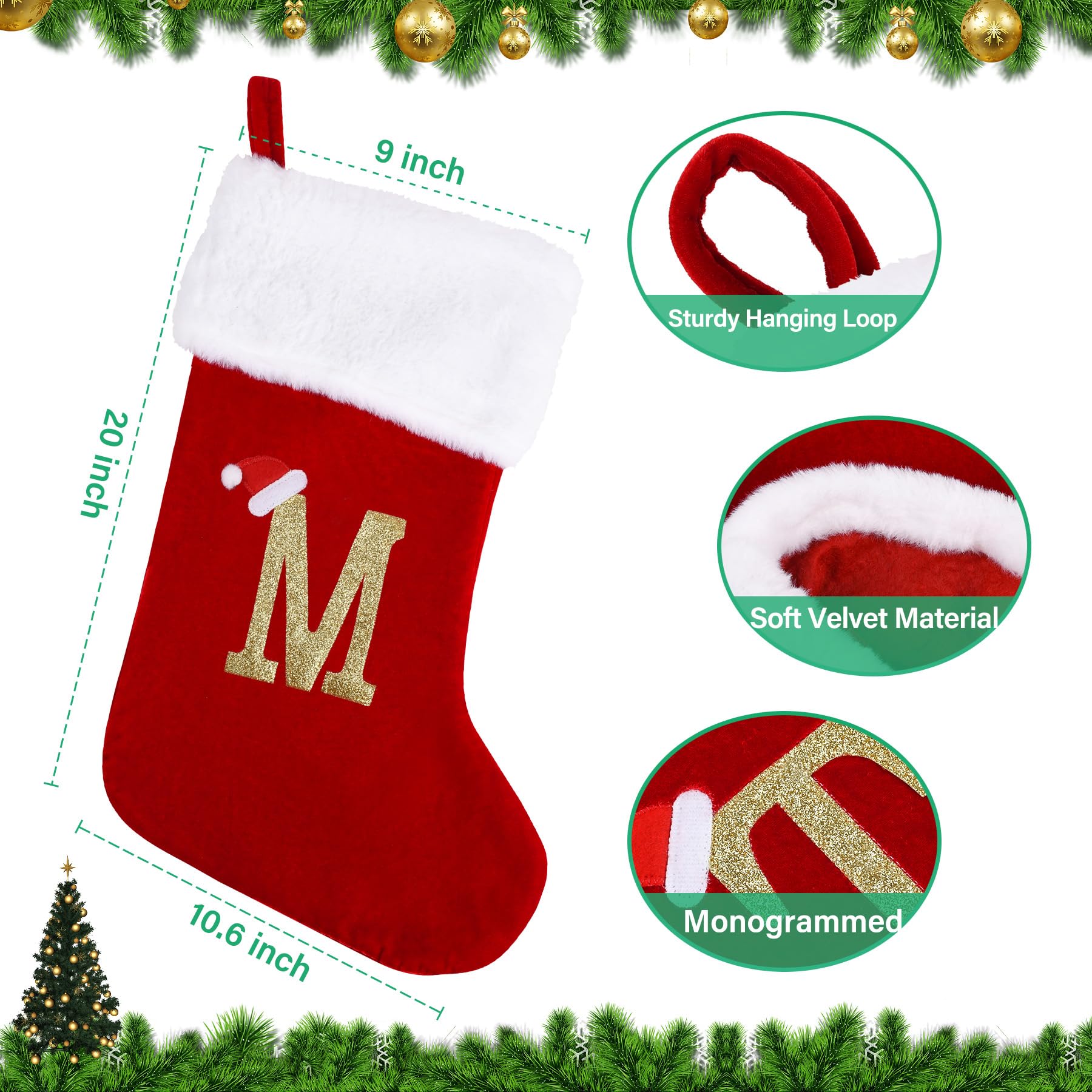 20 Inch Personalized Monogram Christmas Stockings - Large Red Velvet Holiday Stockings with Soft Plush White Cuff - Perfect for Fireplace Mantel, Xmas Tree Decor & Festive Gift Giving