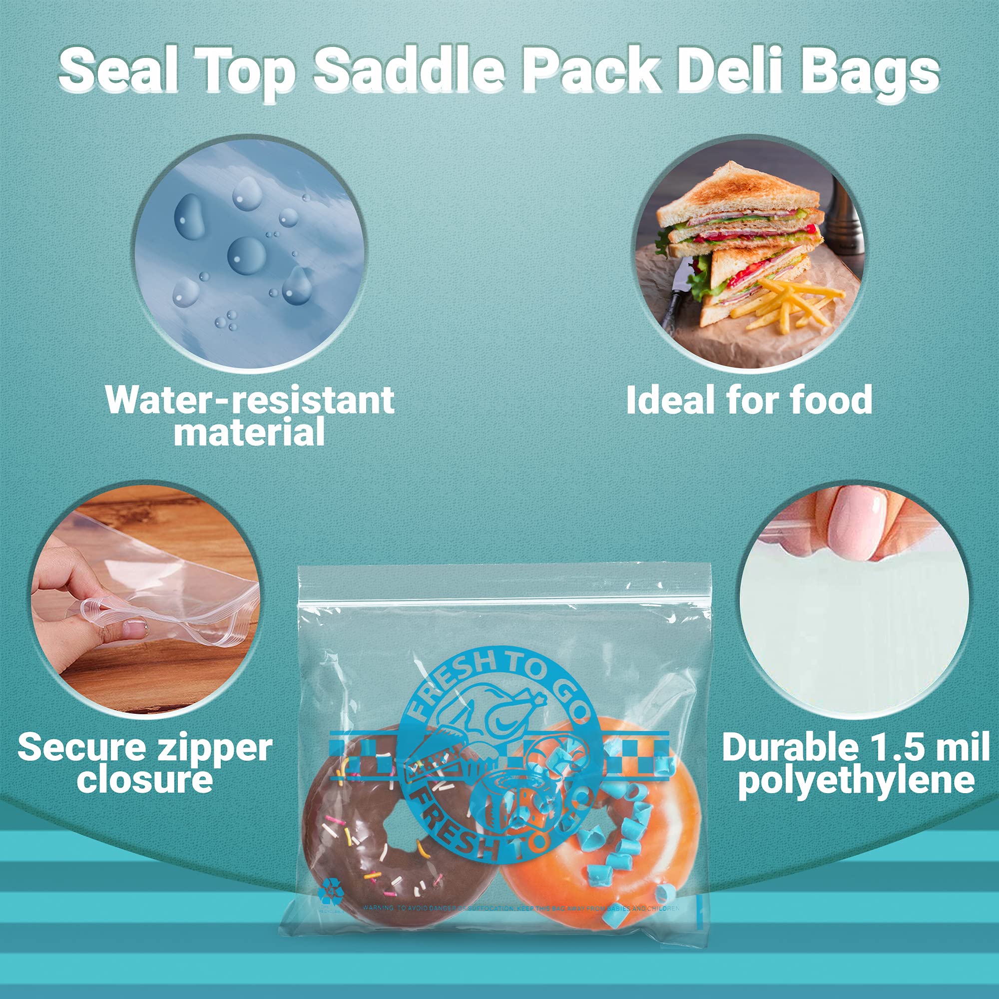 1000 Pack Clear 10x8 Saddle Pack Deli Bags - 1.5 Mil Thick LDPE Food Storage Bags with 'Fresh to Go' Print | Bulk Restaurant Takeout Containers, Bakery Packaging & Meal Prep Bags for Fresh Food Service