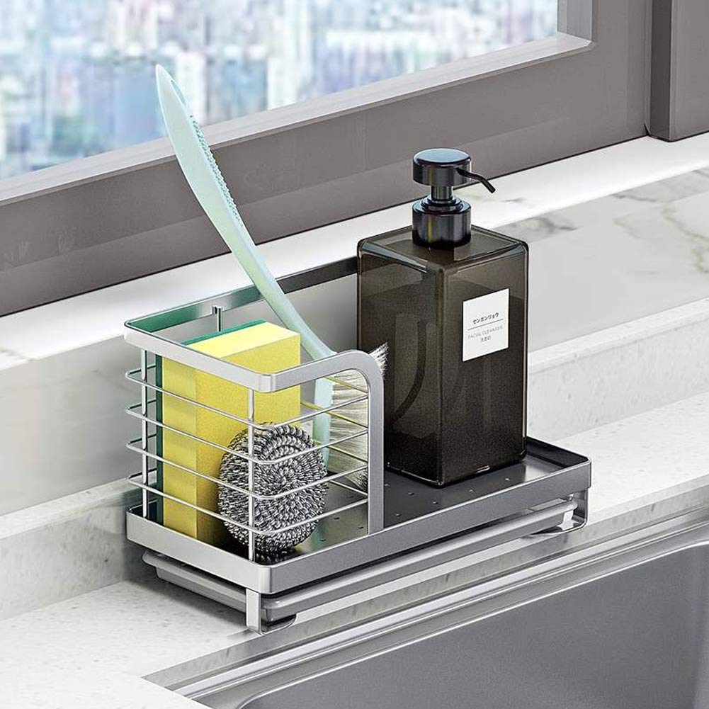 Premium Stainless Steel Dish Soap & Sponge Holder - 304 SUS Kitchen Sink Organizer for Brushes, Scrubbers & Cleaning Tools | Perfect Countertop Storage for Sponges, Dish Soap & Dishwashing Accessories | Ideal for Kitchen, RV, Camper & Small Space Organization