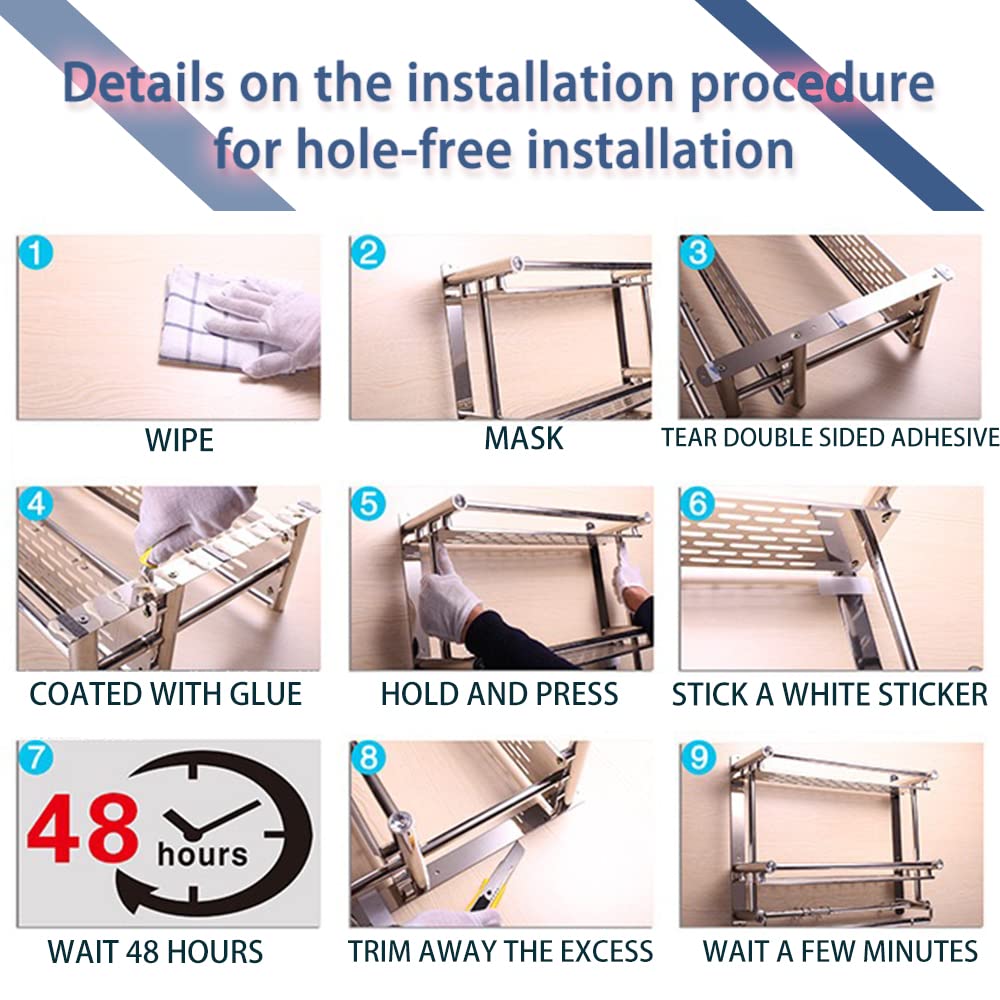 No Drill Adhesive Wall Mounted Bathroom Shelf - 15.75 Inch Rustproof Bathroom Organizer for Towels, Toiletries & Essentials | Perfect for Bathroom, Shower, Kitchen, Laundry Room & Dorm Storage