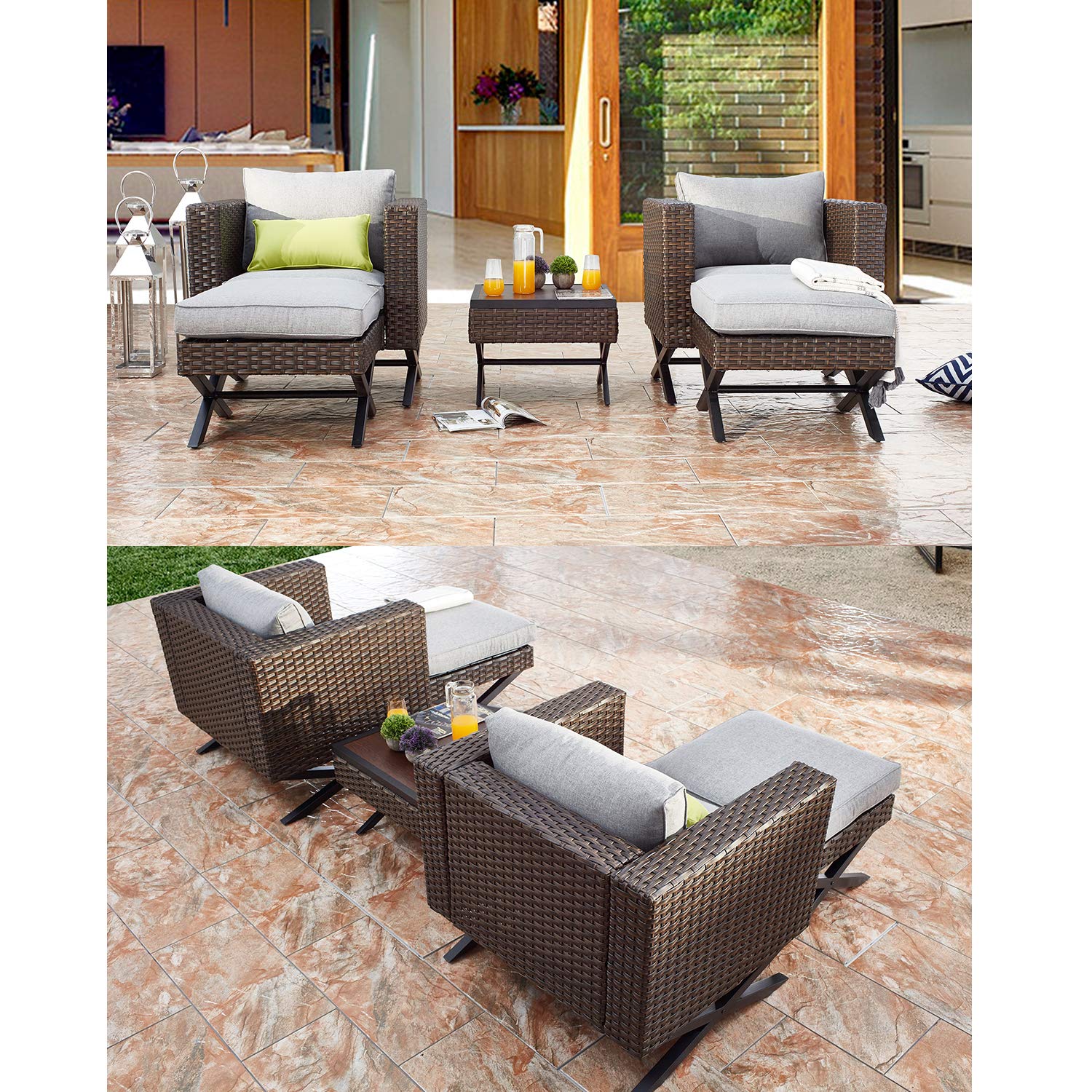 5-Piece Outdoor Patio Furniture Set - Brown Wicker Rattan Chairs with Grey Cushions, Ottoman & Metal Frame Coffee Table - Garden Conversation Set for Backyard, Poolside or Bistro Seating